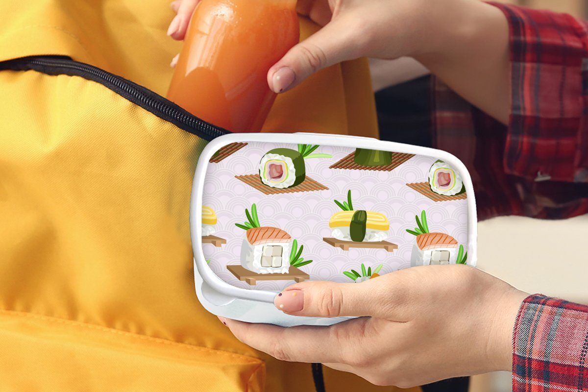 MuchoWow Lunchbox Muster - Lebensmittel und für Jungs Brotbox Sushi und weiß Japan, Mädchen Kinder (2-tlg), Brotdose, - Kunststoff, - Erwachsene, für
