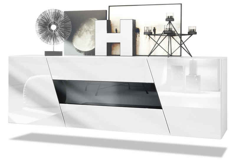 Vladon Sideboard Houston (hängende Kommode, mit 2 Türen und 3 Schubladen), Weiß matt/Weiß Hochglanz/Schwarz Hochglanz (178 x 57,5 x 38,5 cm)