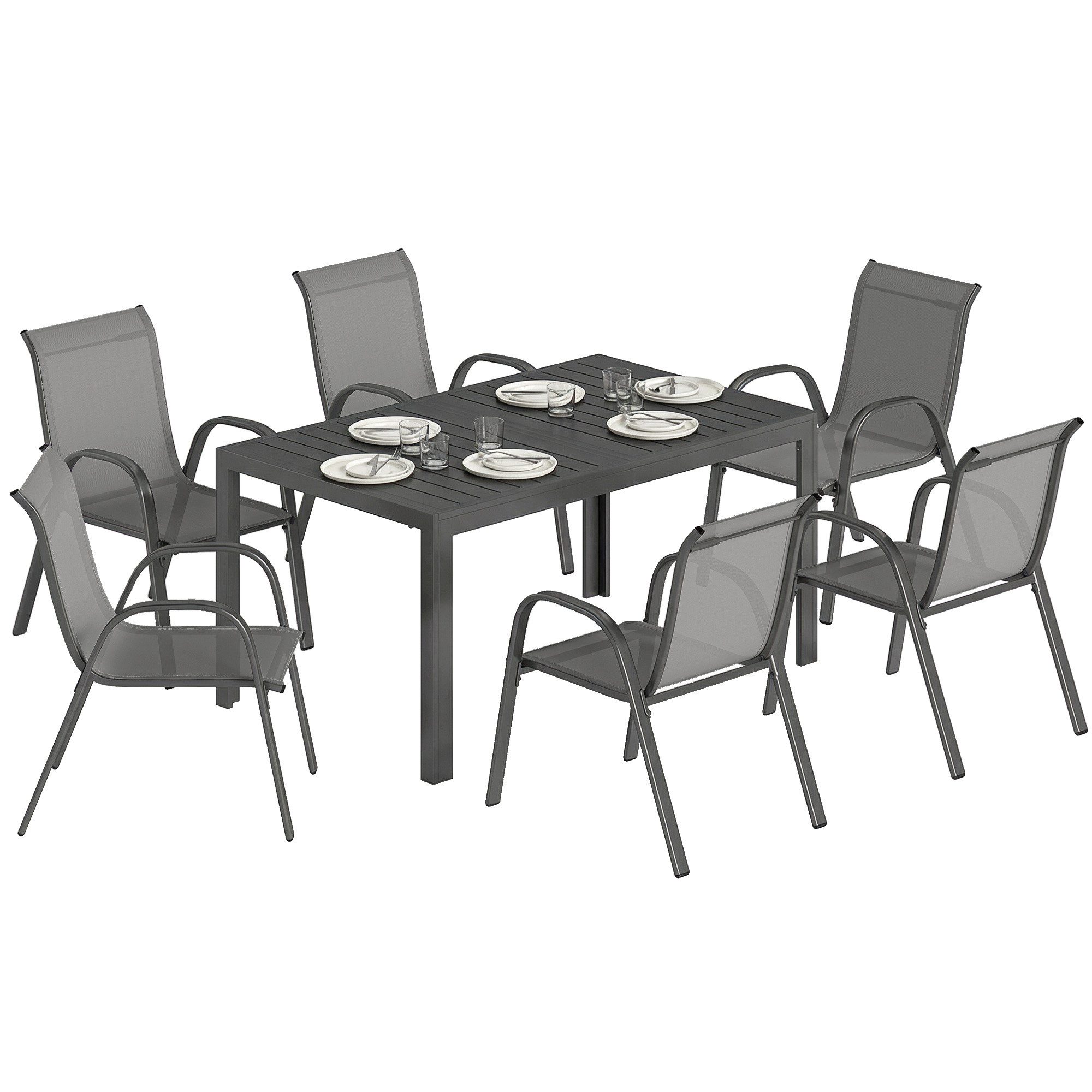 Outsunny Garten-Essgruppe mit 6 Atmungsaktiven Stapelstühlen, Lamelldesign, (Gartenset, 7-tlg., Gartenmöbel Set), für Garten Balkon Terrasse Hellgrau