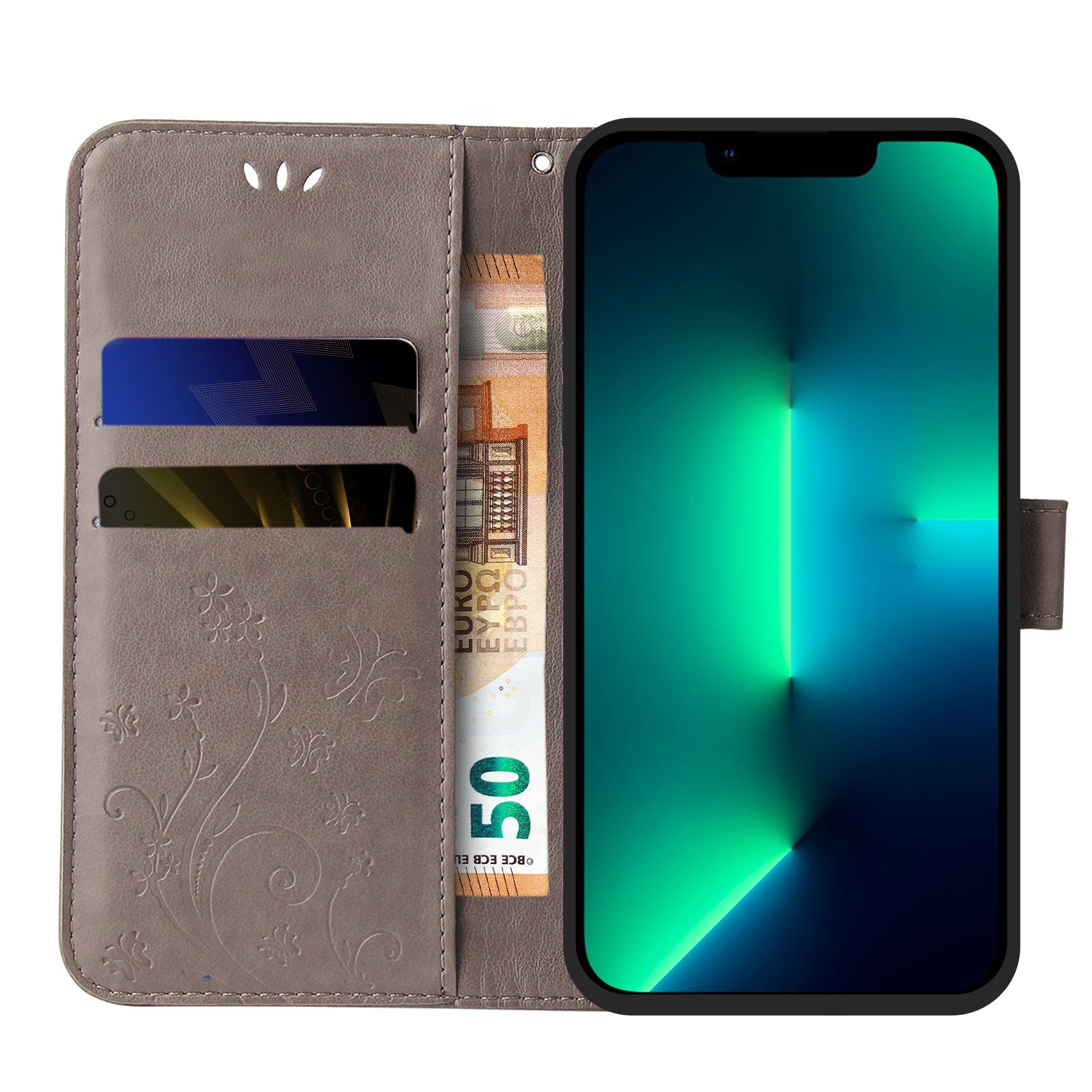 Tec-Expert Handyhülle Cover Tasche Hülle für Apple iPhone 13 Pro Max 6,7 Zoll, Klapphülle Case mit Kartenfach Fliphülle aufstellbar, Motiv Blumen