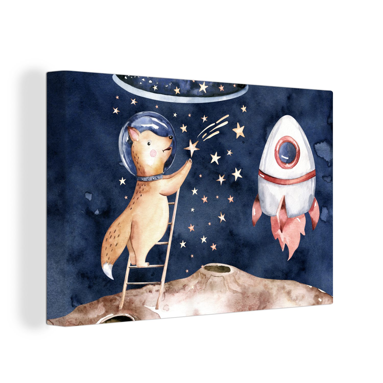 OneMillionCanvasses® Leinwandbild Weltraum - Fuchs - Rakete - Junge - Mädchen - Kinder, (1 St), Wandbild Leinwandbilder, Aufhängefertig, Wanddeko, 30x20 cm