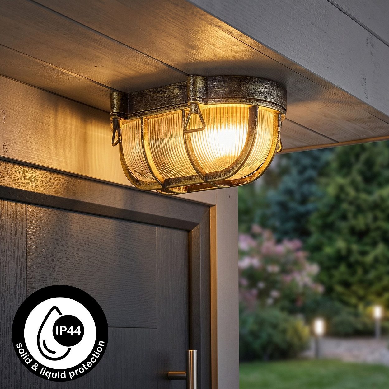 hofstein Außen-Deckenleuchte Außendeckenlampe aus Metall/Riffelglas in Schwarz/Gold/Klar, ohne Leuchtmittel, Deckenleuchte draussen im Industrial/Retro/Vintage-Design, E27, IP44