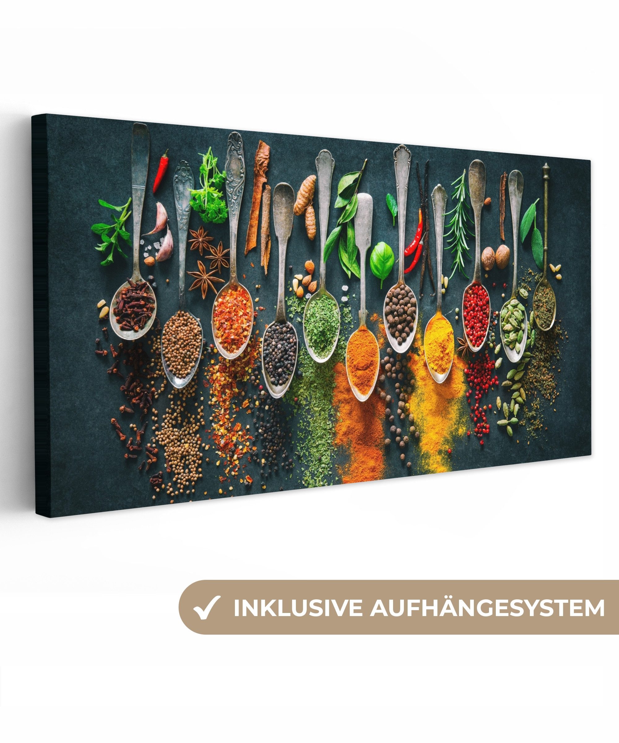 OneMillionCanvasses® Leinwandbild Panorama Löffel - Gewürze - Farbenfroh - günstig online kaufen