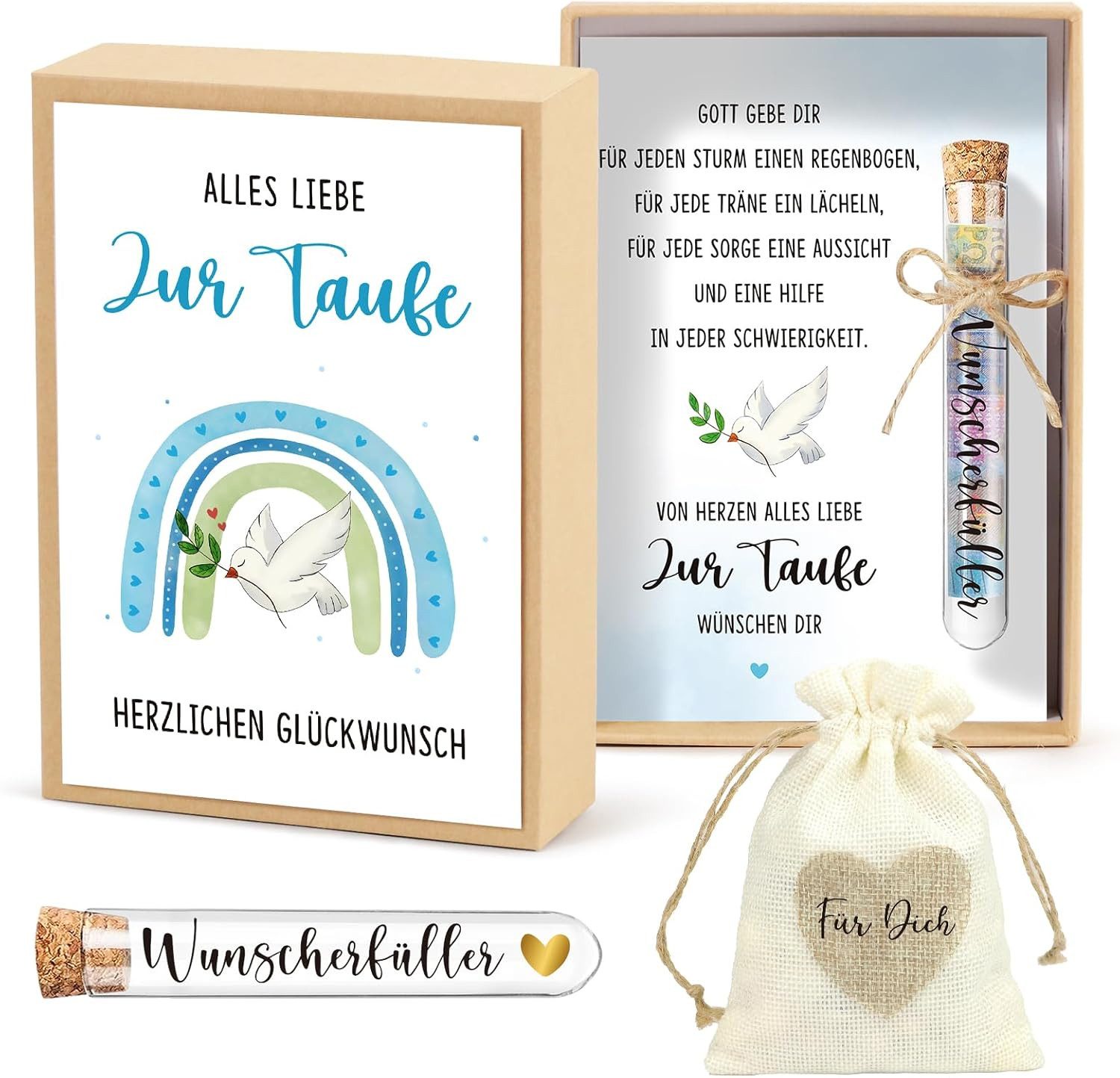Wiladu Spardose Taufe Geschenkbox Taufgeschenk Reagenzglas Jutesäckchen