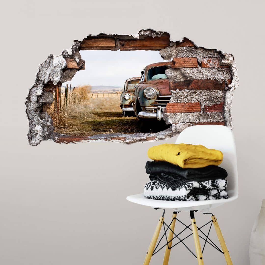 K&L Wall Art Wandtattoo 3D Wandtattoo Oldtimer Vintage Auto Nostalgie Klassiker Rusted Cars, Mauerdurchbruch Wandbild selbstklebend