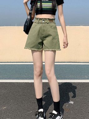 KIKI Jeansshorts Raw Edge Denim Shorts Damen Sommer lockere Hotpants mit hoher Taille
