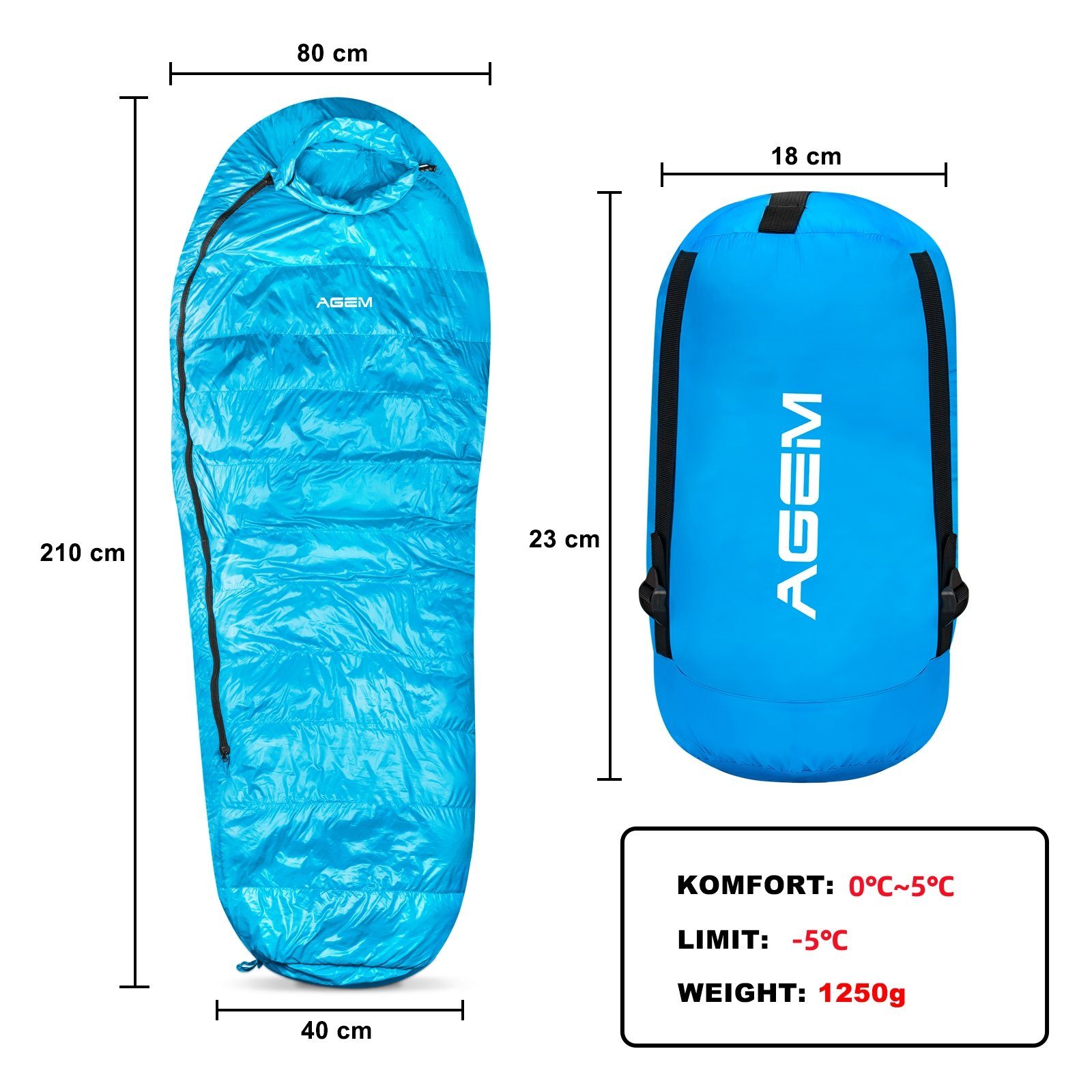 AGEM Daunenschlafsack 3 jahreszeiten Mammut -10-5 Grad Schlafsack für Camping