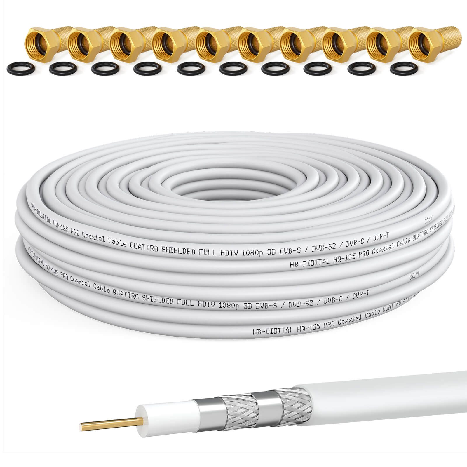 HB-DIGITAL Koaxialkabel 50m HQ 135dB 4-Fach geschirmt Stahl Kupfer 10x F Stecker SAT-Kabel, F Stecker, (5000 cm), UV- Wasser und Temperaturbeständig