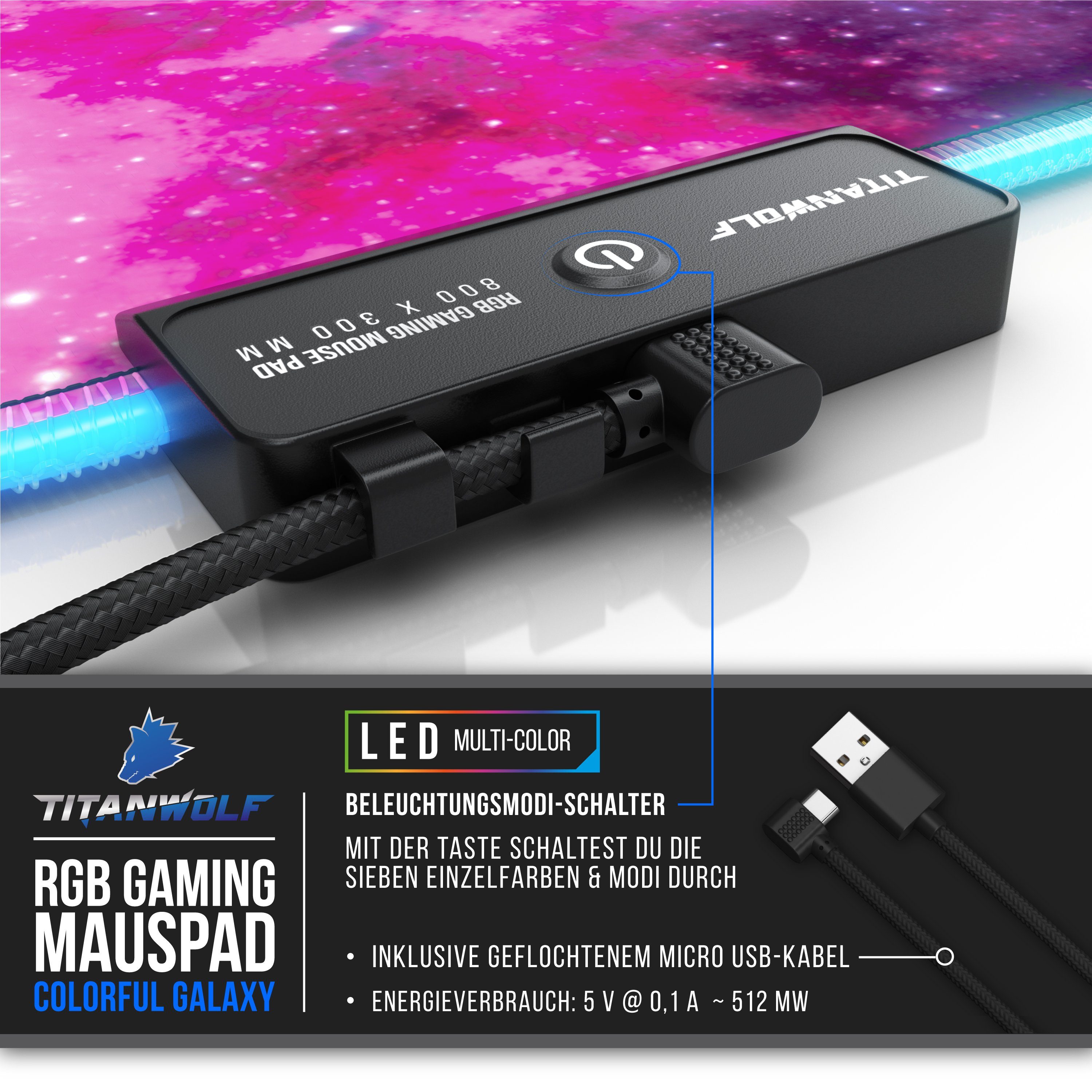 Titanwolf Gaming Mauspad RGB Mousepad 800 x 300 x 3 mm, LED Multi Color XL Tischunterlage (1-St), rutschfest, abwaschbar, Geschwindigkeit & Präzision, Farbige G – Bild 5 von 5