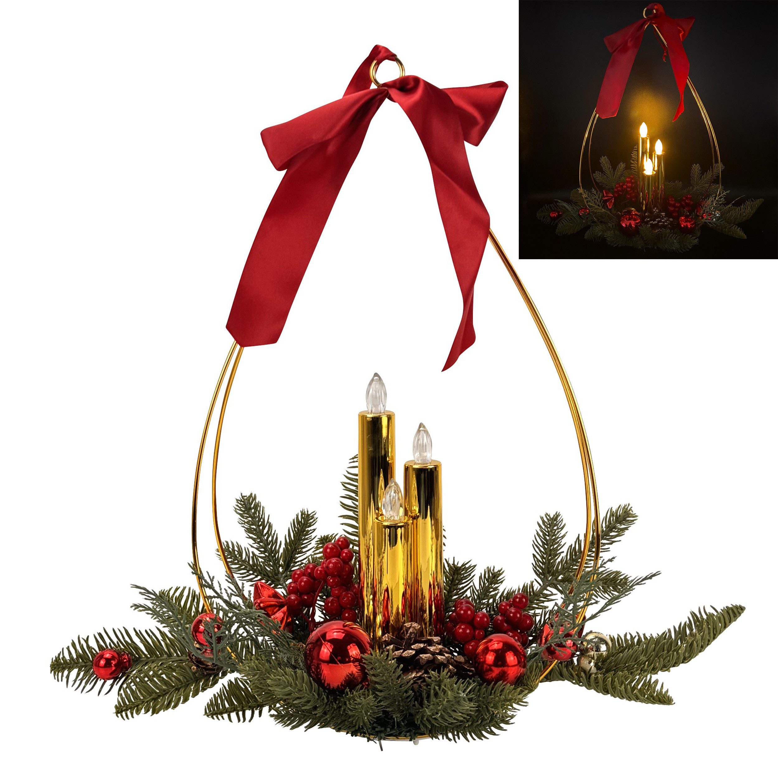 Online-Fuchs Dekokranz - Weihnachtsgesteck mit 3 LED-Stabkerzen & Timer - Deko Weihnachten, festliche Weihnachtsdeko aus Tannenzweigen und Weihnachtskugeln