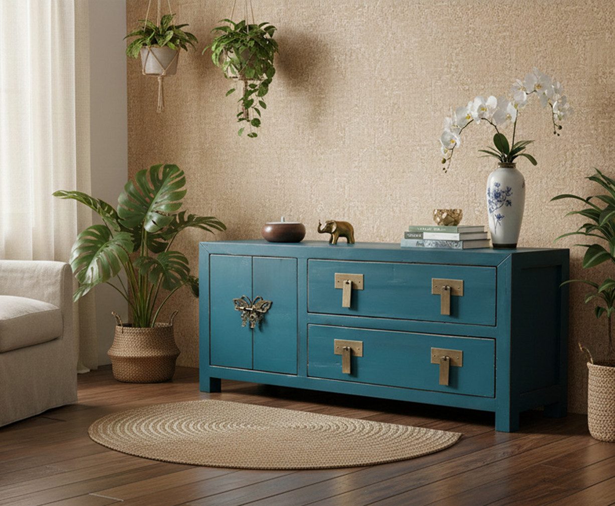 OPIUM OUTLET Kommode Schrank Lowboard Sideboard Asia Möbel (stahlblau, Hochzeitsschrank komplett montiert), asiatisch chinesisch orientalisch vintage Landhaus-Stil