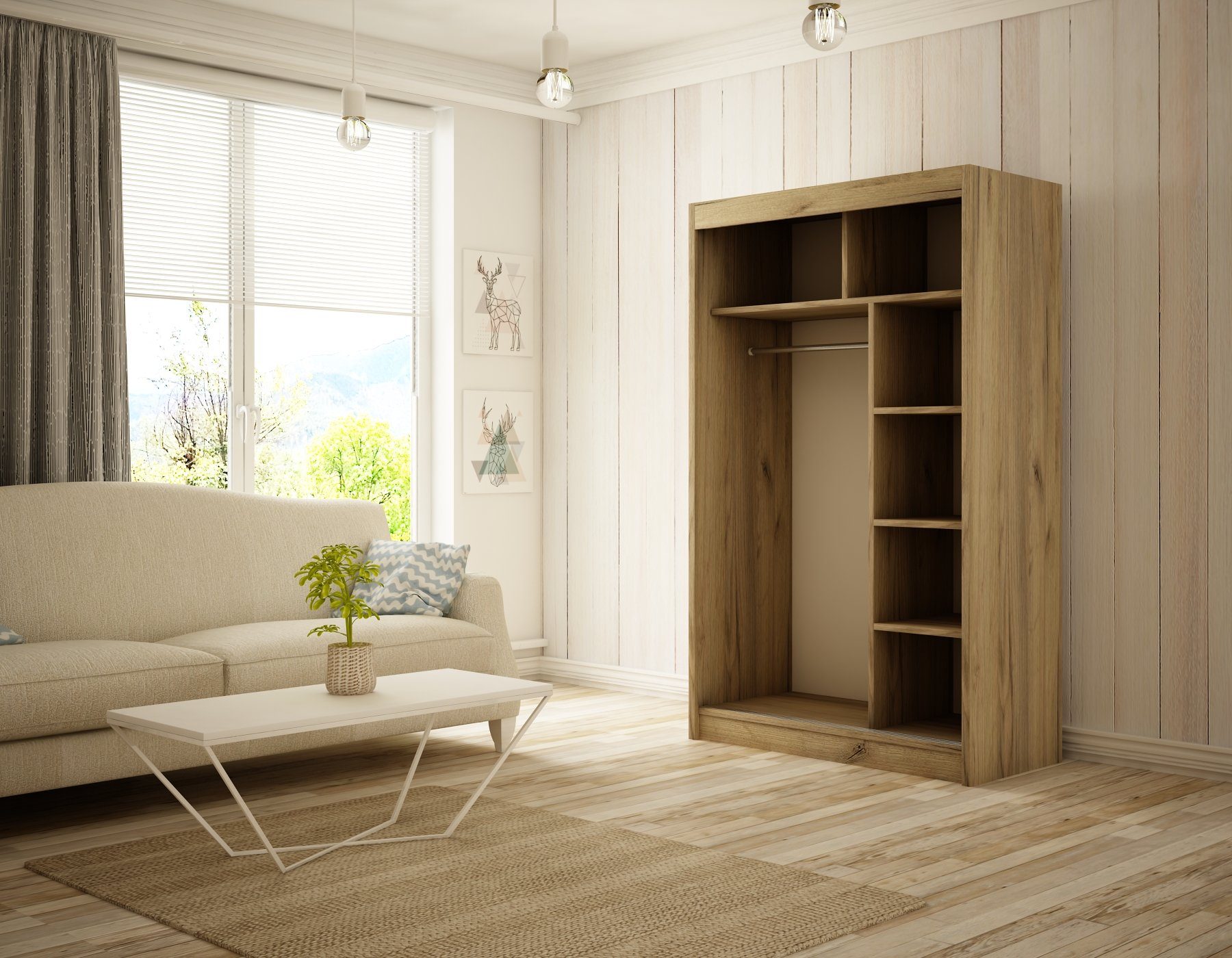 Beautysofa moderner Hochglanz Regale, Spiegelschrank (Kleiderstange, Möbelglas, Kleiderschrank zweitüriger Spiegel) + Velen mit weißes Weiß Schiebtürenschrank