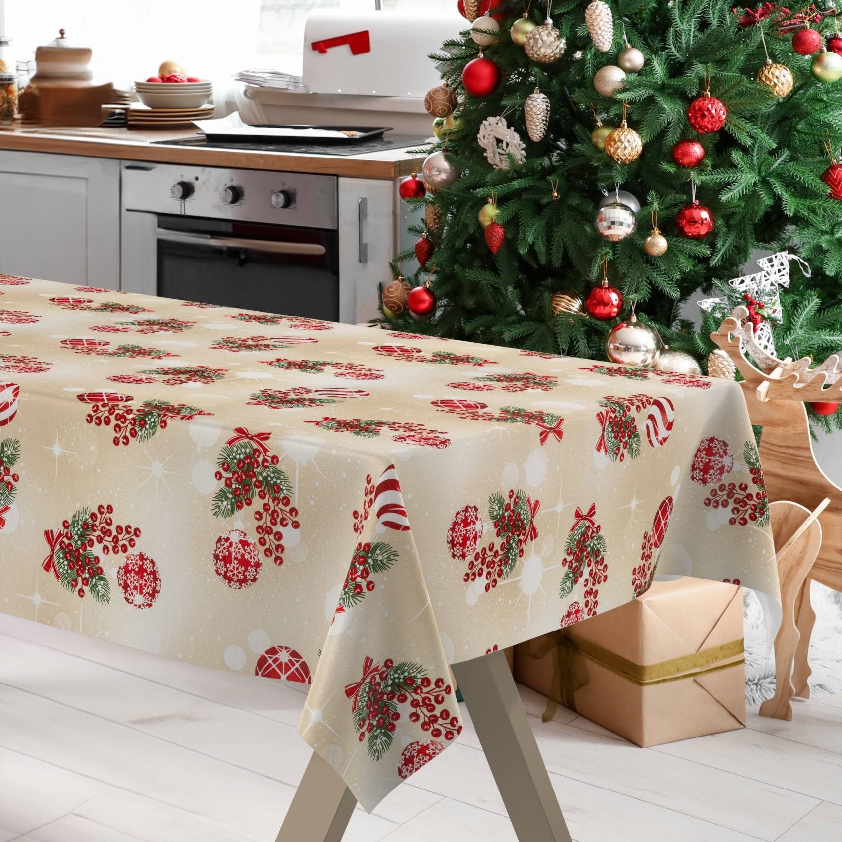 ANRO Tischdecke Weihnachten abwaschbare Weihnachtstischdecke (Einzelstück 1-tlg), Schmutzabweisend Weihnachten Beige 100x140cm – Bild 4 von 5