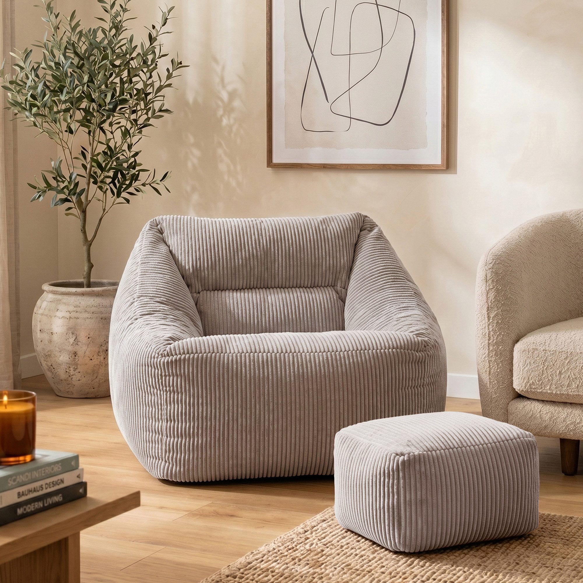 icon Sitzsack Riesen Sessel aus Cord Flauschig „Natalia" mit Hocker (Spar-Set, 1 x Sitzsack-Sessel, 1 x Fußhocker), Sitzsack XXL, Made in Germany, für Erwachsene & Kinder, für Wohnzimmer