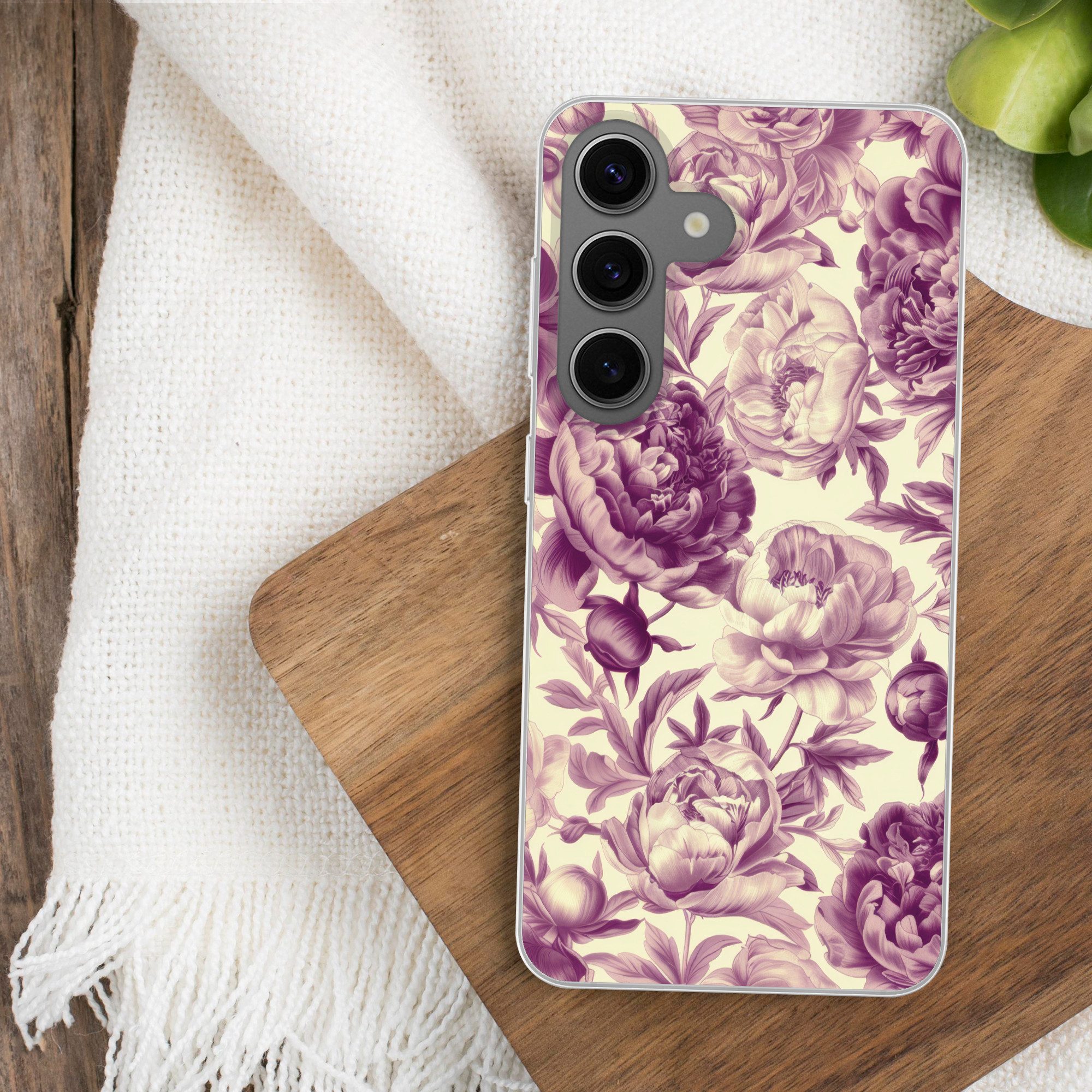 MuchoWow Handyhülle für Samsung Galaxy S24 Blumen - Muster - Lila - Beige, Phone Case, Silikon, Schutzhülle Dünn