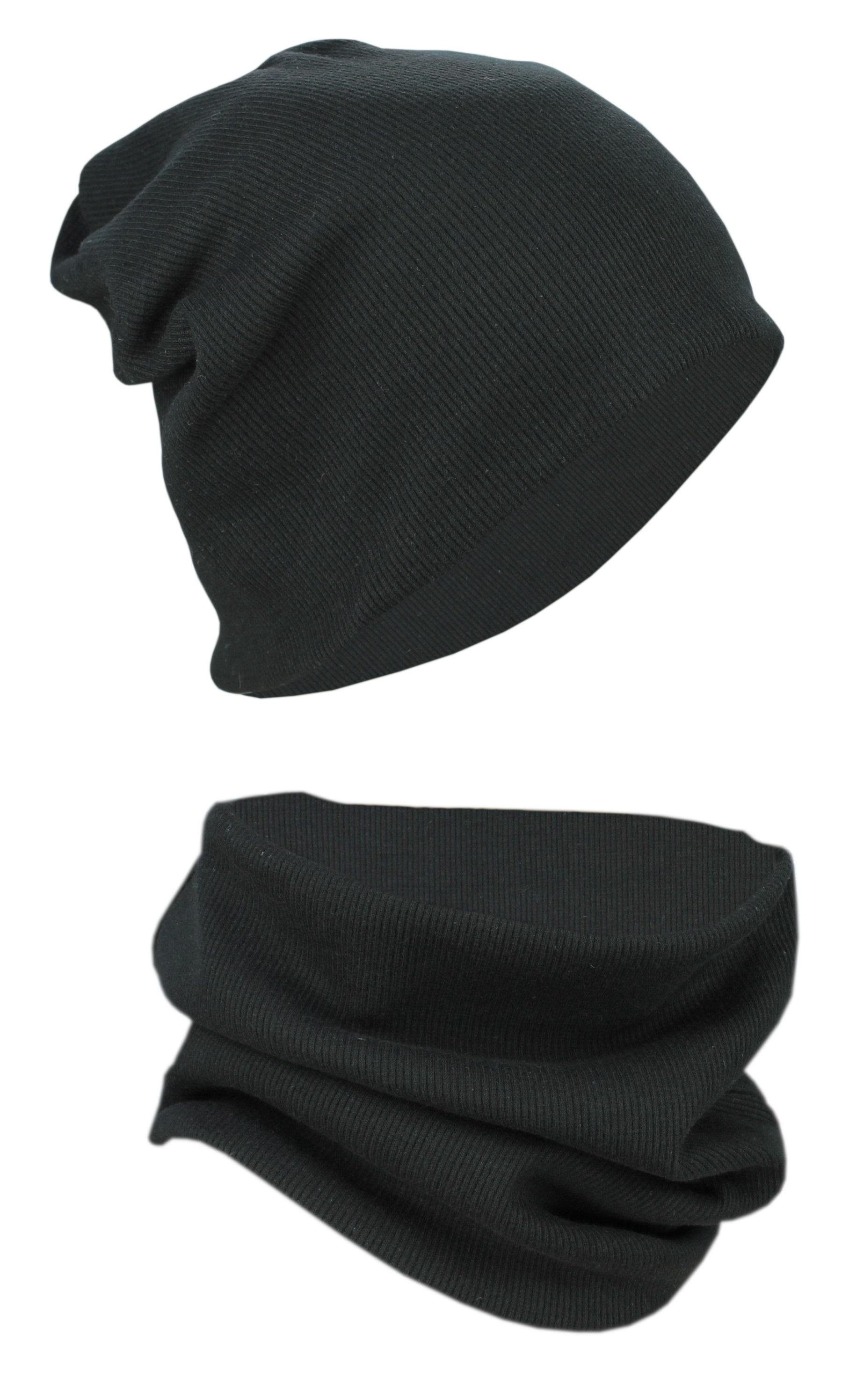 Beanie Mütze Schal Alkato und Alkato Uni Beanie Schwarz Set Unisex Rippstoff