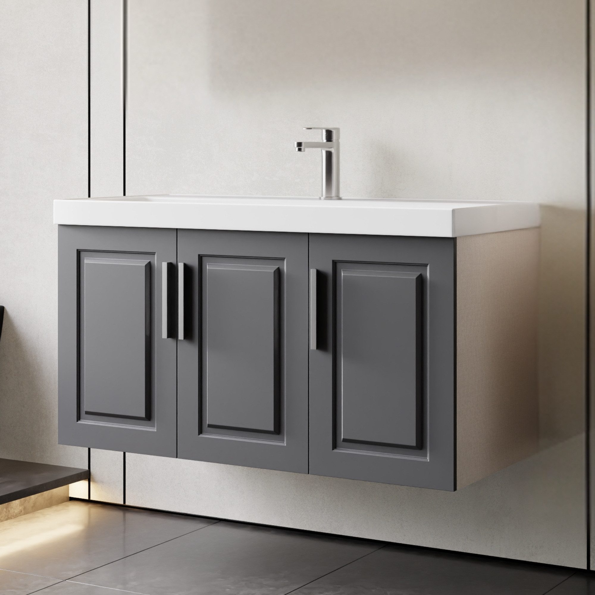 Karen Waschtisch-Set Waschtisch mit Unterschrank Arin Anthrazit, (Komplett-Set, Standartmäßig 2-Teilig (Unterschrank, Waschbecken), 3-St., Der Lieferumfang umfasst Unterschrank und Waschbecken), Landhaus-Stil, Matt-PVC-Beschichtung, Keramikwaschbecken