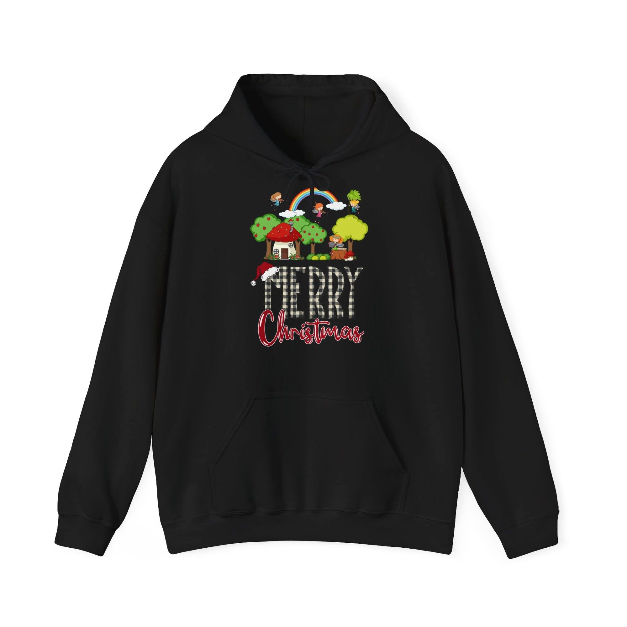 Quality Elegance Weihnachtssweatshirt Merry Christmas Hoodie Regenbogen & Waldhaus Unisex