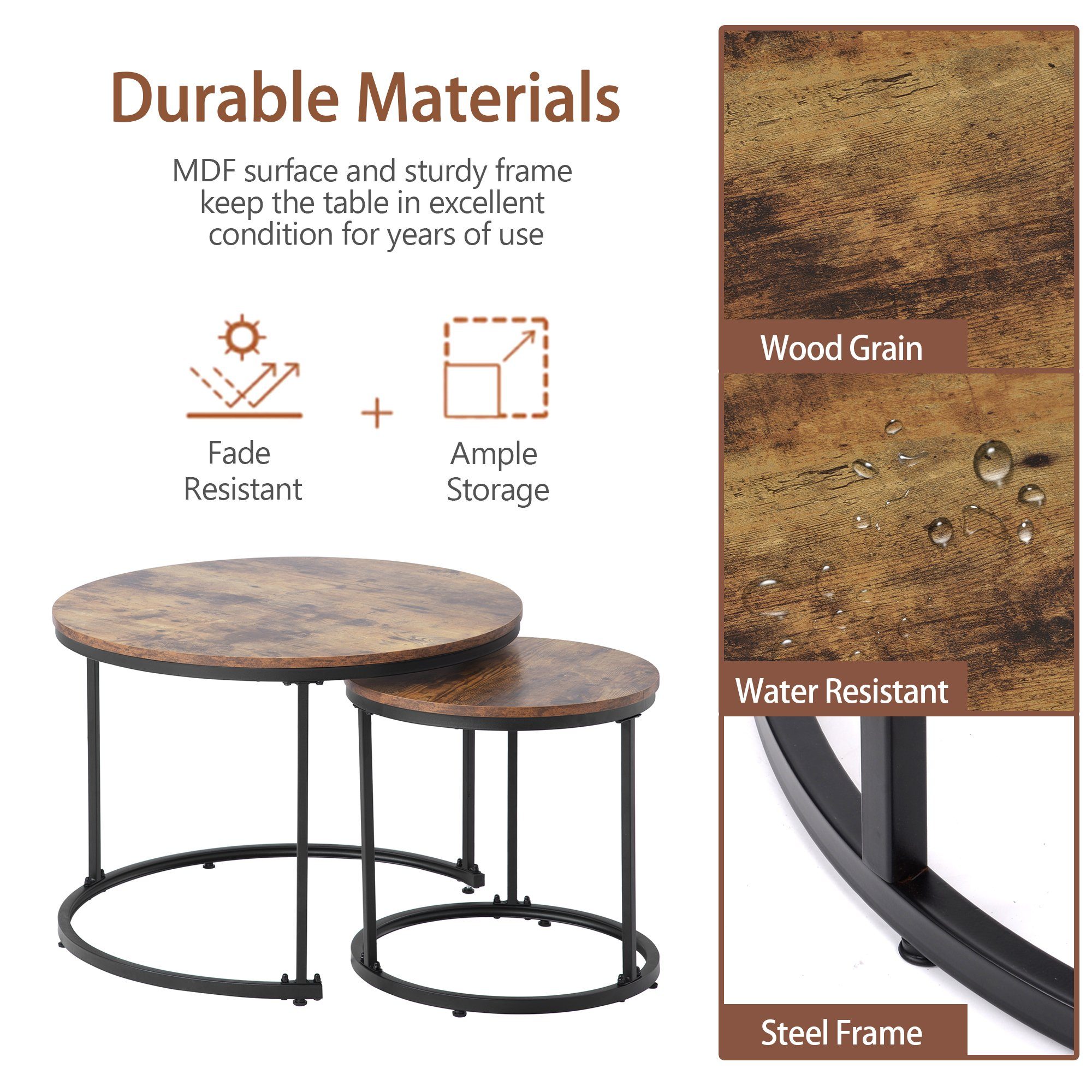 Merax Couchtisch Set rund Satztisch Wohnzimmertisch 1,5 cm Platte, Set rund Satztisch Wohnzimmertisch 1,5 cm Platte, aus Holz, Industrial