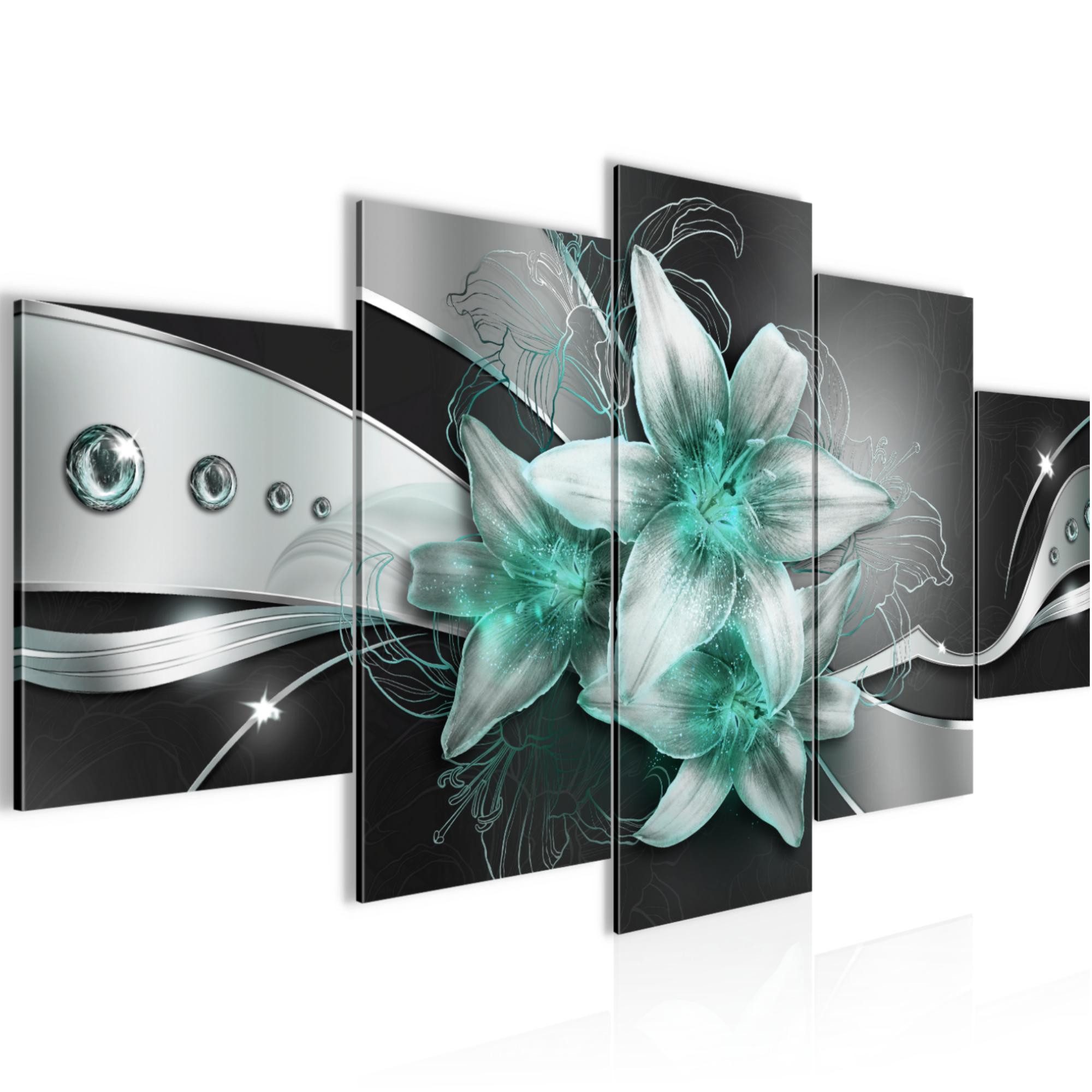 Runa Art Wandbild Blumen Lilien 5 Teilig Wanddekoration Design Schwarz Türkis 039651b, 200L x 100B cm