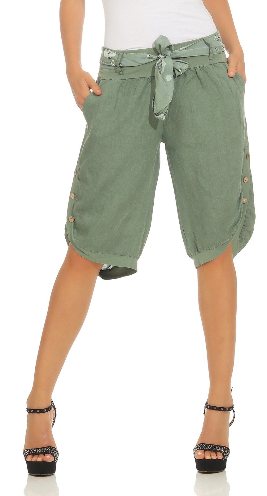 Mississhop Leinenhose Damen Capri Leinenshorts Bermuda 100 % Leinen kurze Hose 281 Oliv