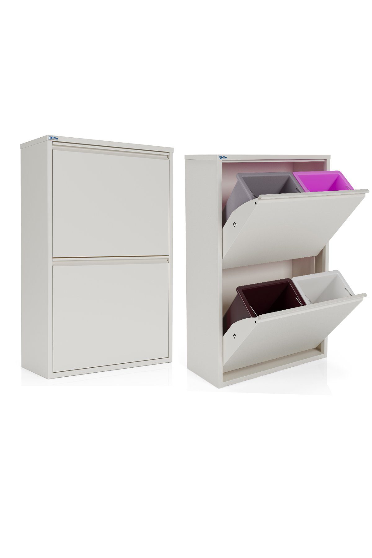 Kaufexpress GmbH Mülltrennsystem Metall-Mülltrenner 2 Türen – 4 Einsätze à 15 L, fertig montiert, Für Küche, Büro oder Hauswirtschaftsraum – funktional und modern