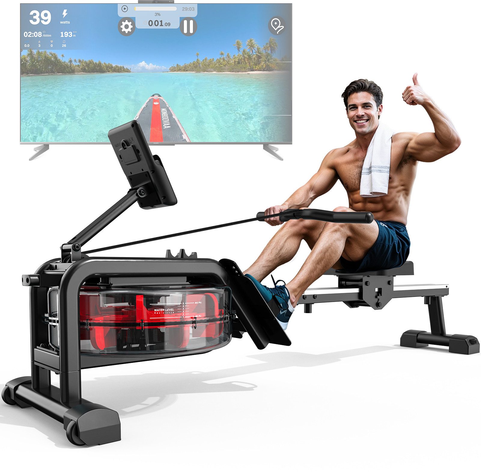 VOWVIT Rudergerät für Zuhause, Wasser Rudergeräte mit Bluetooth Boardcomputer (1-tlg), 160KG Gewichtsbelastung, Max. 210 cm Benutzergröße Geeignet