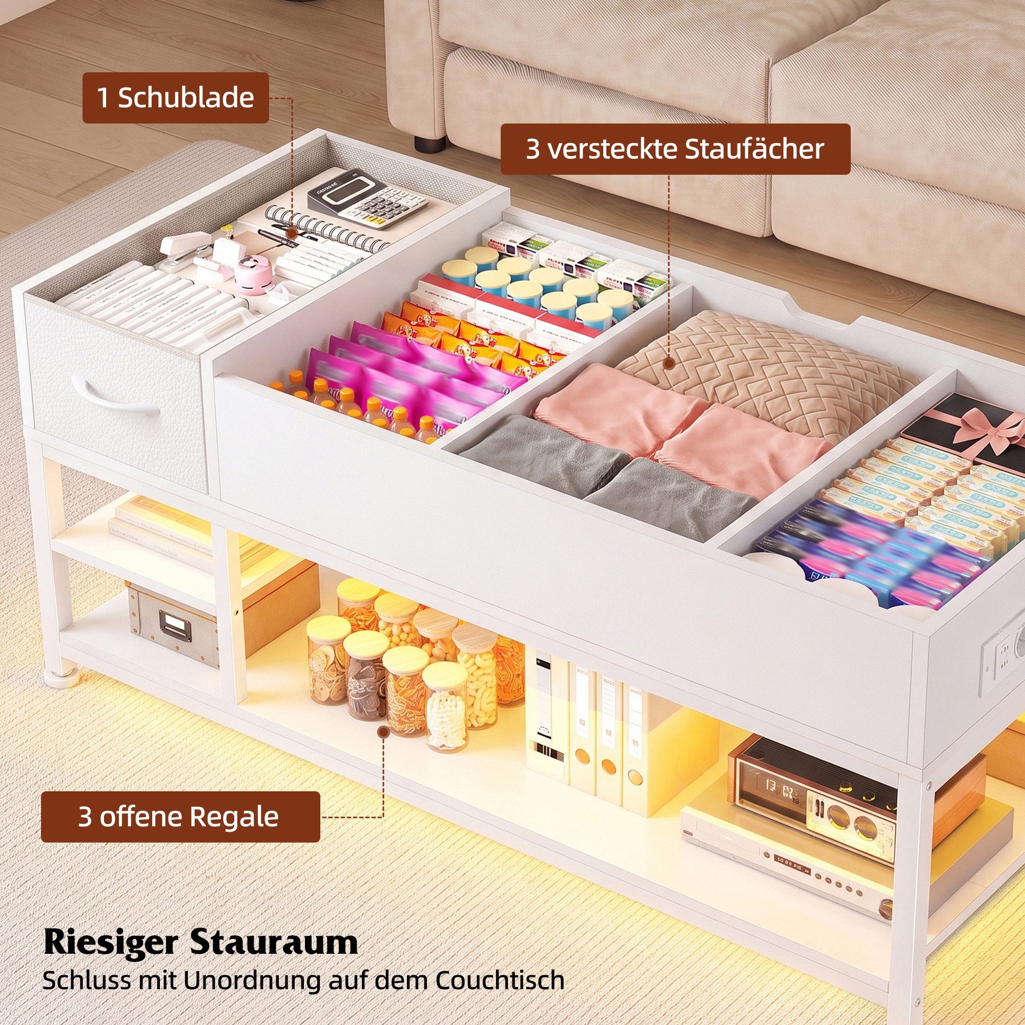 Klyvvo Couchtisch Höhenverstellbar mit LED und Stauraum, 4-in-1 Wohnzimmertisch (1-St), Steckdosen, USB, Coffee Table für Wohnzimmer, Büro, 1 Schubladen – Bild 5 von 5