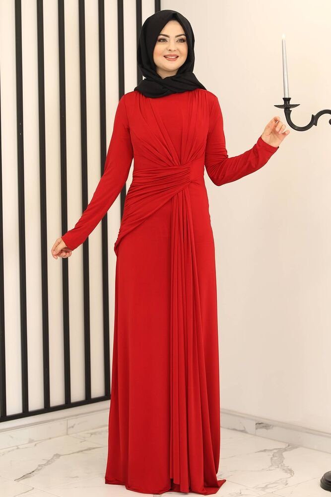 Modavitrini Abendkleid Abendkleid Damen Hijab Kleid langärmliges Maxikleid Abiye Abaya elegant Rot