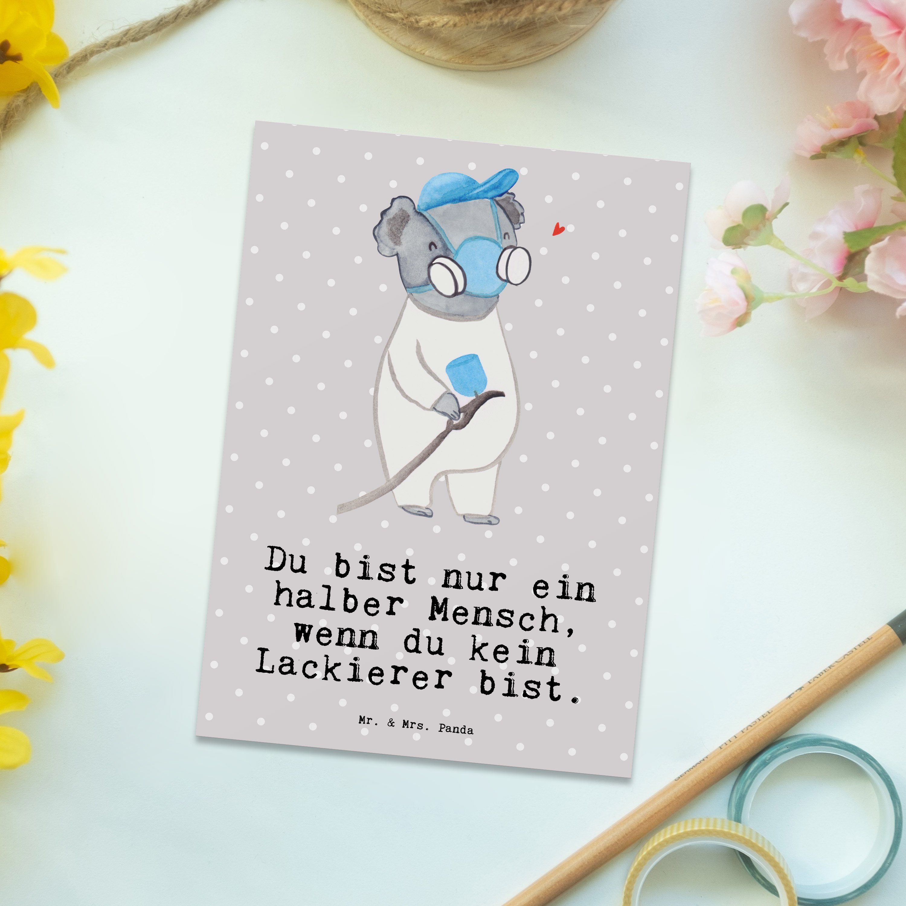 Mr. & Mrs. Panda Pastell Postkarte Ausbildung, Herz Grau Lackierer mit Firma, Geschenk, Gruß - 