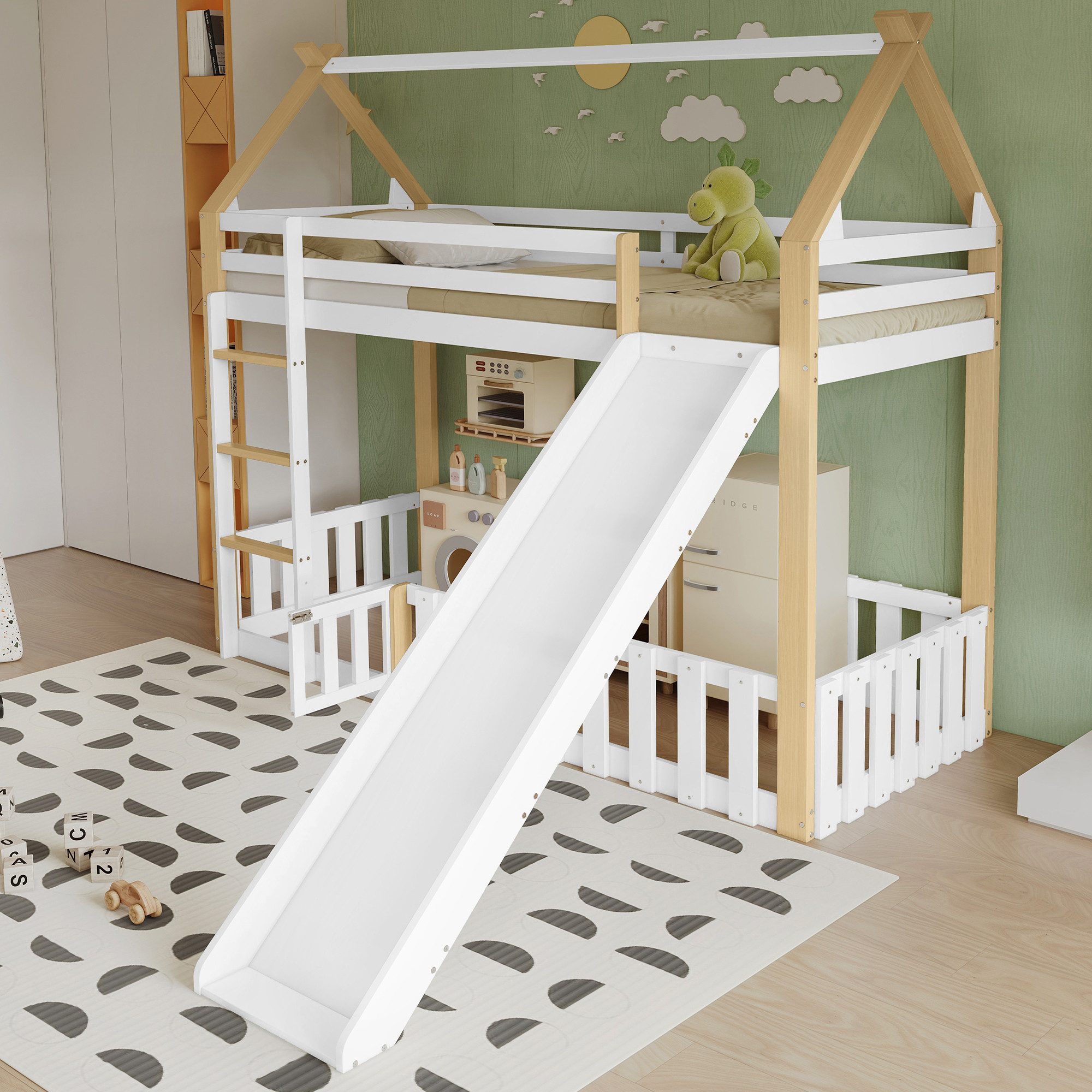 Kinderbett Hochbett Etagenbett Holzbett Rutsche Lattenrost 90x200 Weiß Natur