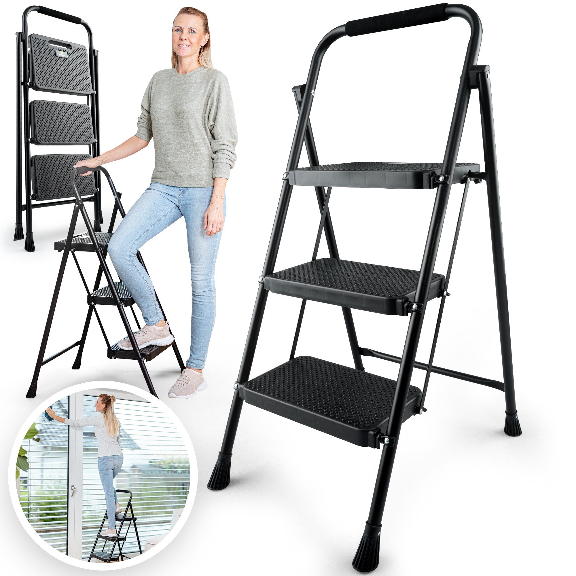 uandu home Trittleiter Stufenleiter – Haushaltsleiter für Zuhause, Küche & Garten (Trittleiter, Stehleiter, Klappleiter, TÜV-zertifizierte Leiter, klappbar & platzsparend), 2-, 3- und 4-stufig