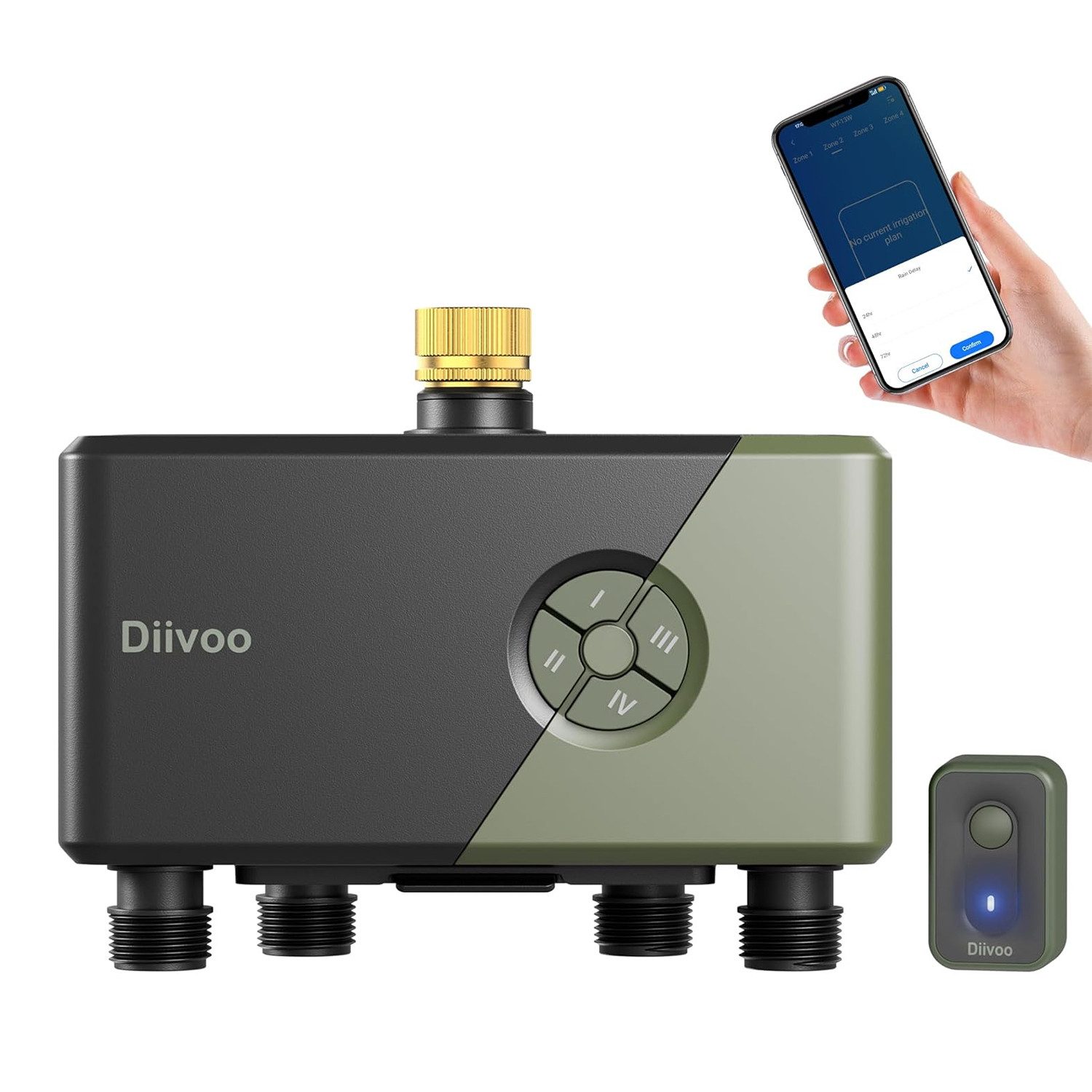 Diivoo Bewässerungssystem Bewässerungscomputer 4 Ausgänge WLAN mit Messingeinlass mit WLAN, APP