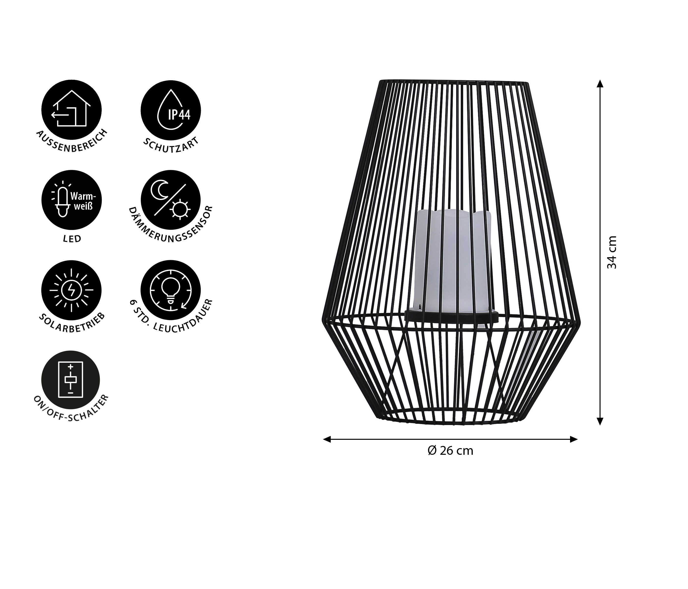 Dehner LED Solarleuchte Vilaflor, warmweißes Licht, Metall / Kunststoff, schwarz, Warmweiß, Romantische LED-Kerze, modernes Solarlicht, wetterfest für den Garten