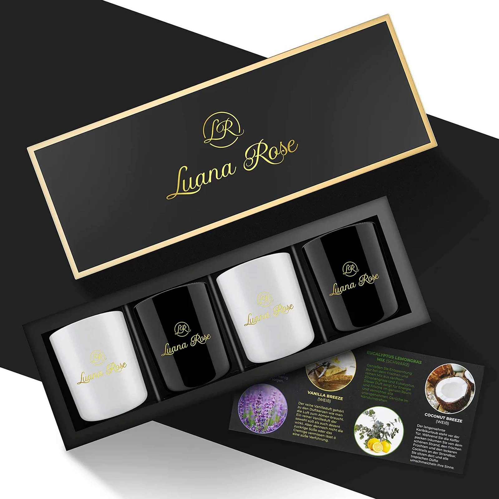 Luana Rose Duftkerze Aromakerze Geschenkset Duft Sojawachs Kerze (4-tlg), 4 Verschiedene Düfte Lavendel, Lemongras, Vanille & Kokosnuss.