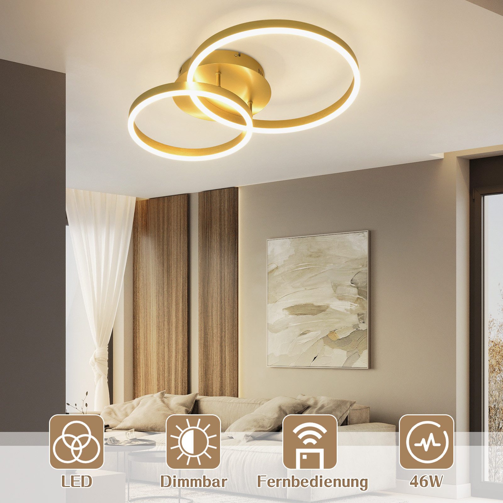 Nettlife LED Deckenleuchte Dimmbar Wohnzimmer Gold 2 Ring 46W 59CM Modern, Dimmbar mit Fernbedienung, LED fest integriert, Geeignet für Wohnzimmer, Schlafzimmer, Küche, Esszimmer, Büro