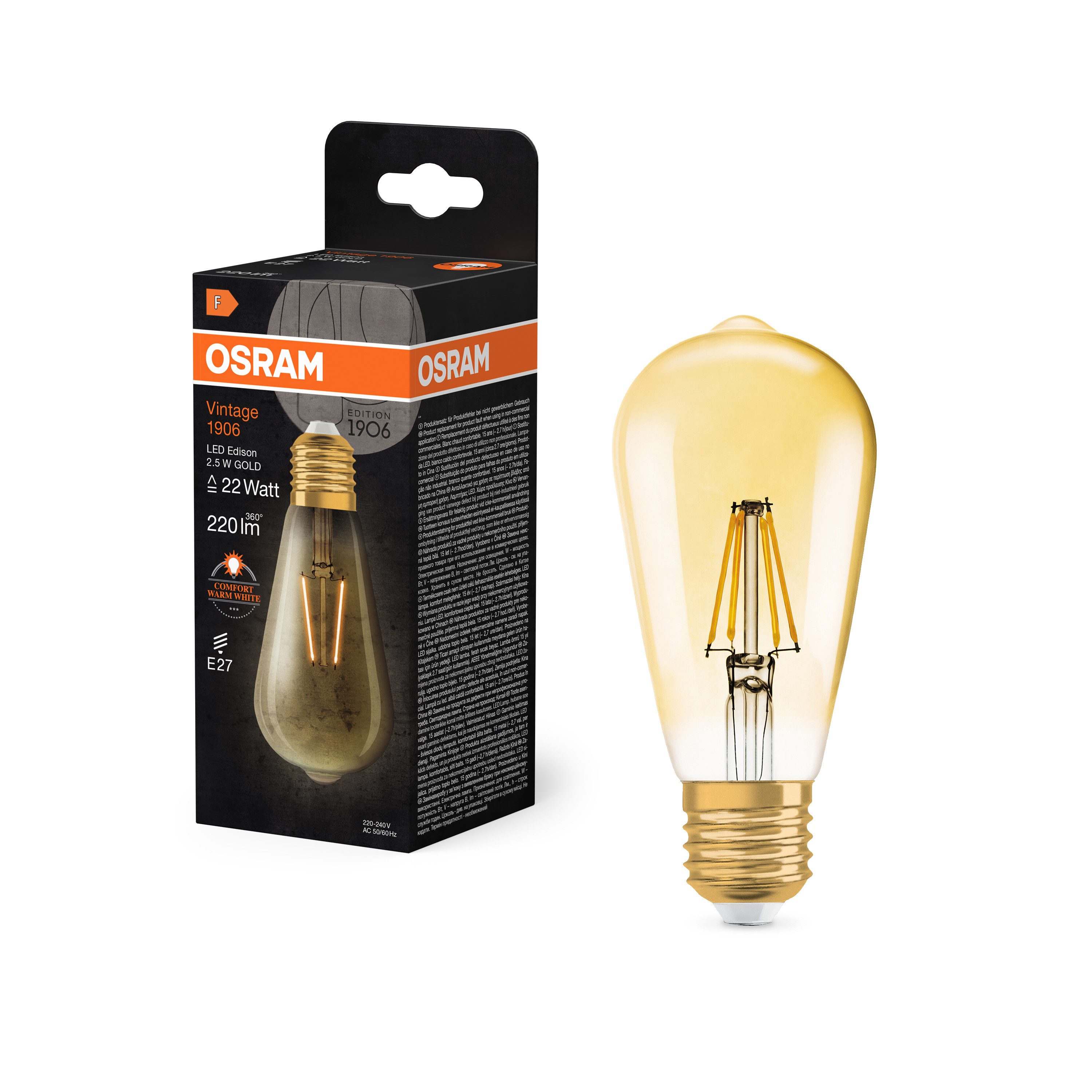 Ledvance LED-Leuchtmittel Vintage 1906 Edison 22 Filament 2.5W 824 Gold E27, E27, 1 St., Warm Comfort Light, Einfacher Austausch von Standardglühlampen