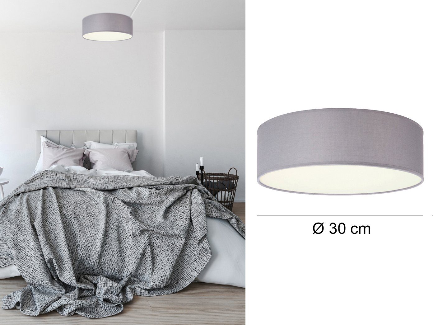 smartwares LED Deckenleuchte, Dimmfunktion, LED wechselbar, Warmweiß, mit Stoff Lampen-schirm Grau, Design-klassiker für Treppenhaus, Ø 30cm