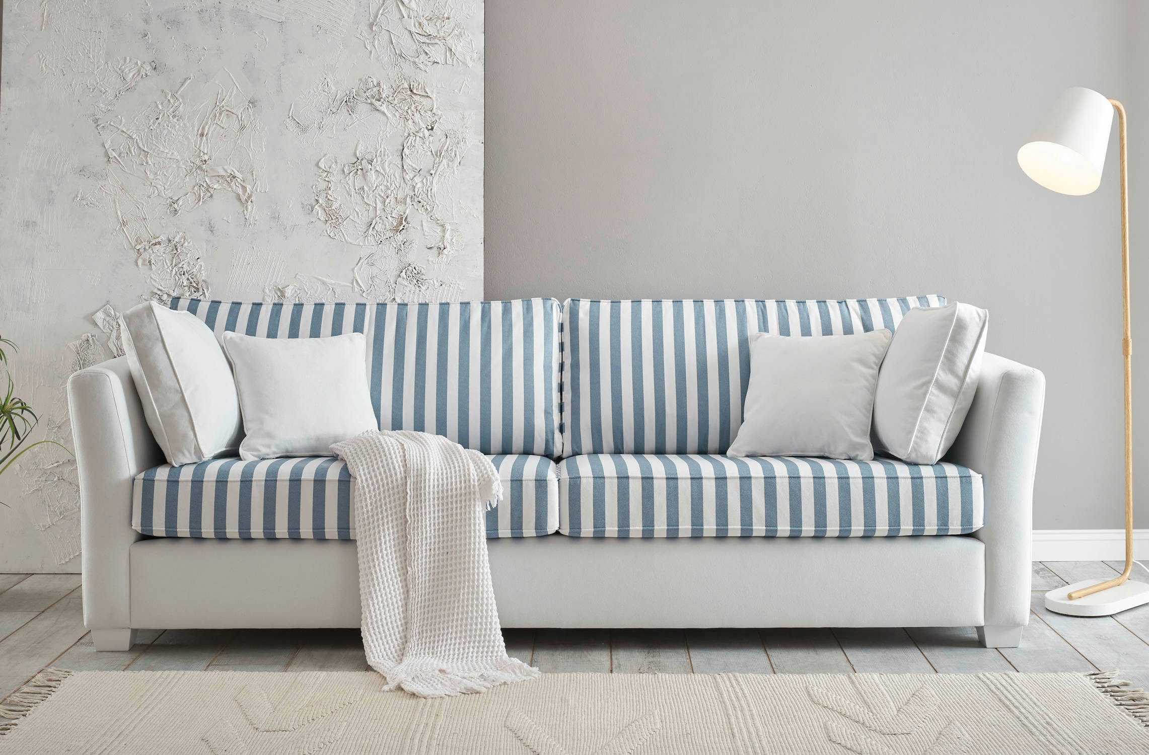Empinio24 Sofa Wales, 3-Sitzer, mit Federkern, weis blau gestreift
