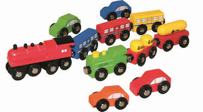 Woodyland Lernspielzeug Holz-Fahrzeugset Autos und Züge mit Anhänger. 11tlg