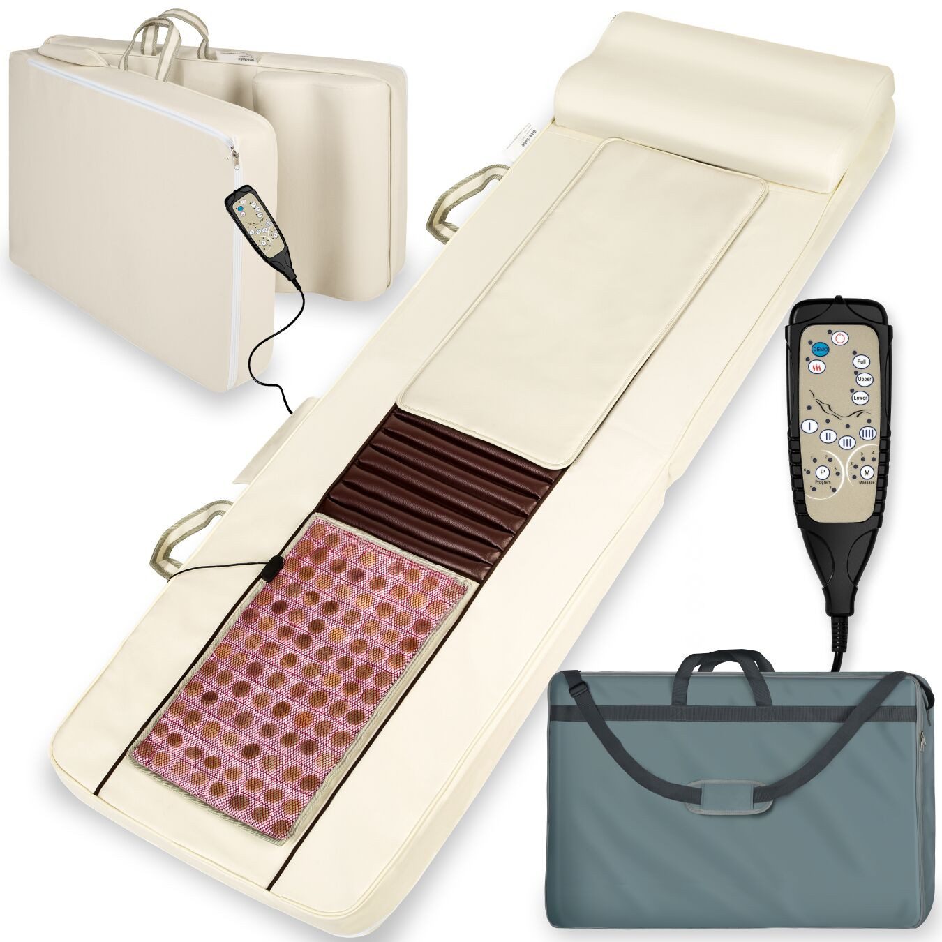 tectake Akupressurmatte Shiatsu-Massagematratze (3er Set, Massagematte, Fernbedienung, Netzteil, Heizmatte, Rückenauflage,Tasche)