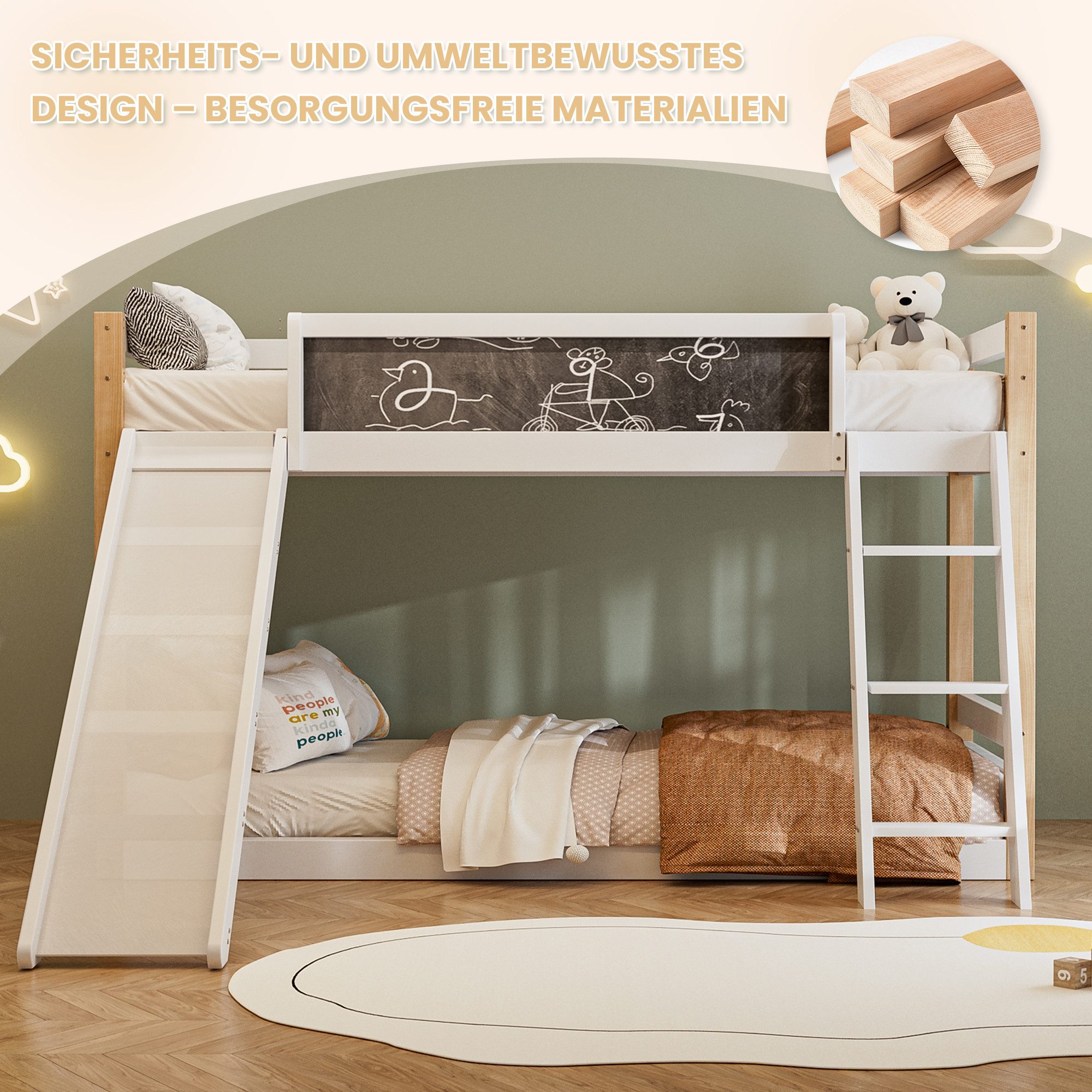 Odikalo Etagenbett Kinderbett Doppelbett Treppe Rutschen Kinderkreißbrett weiß(200x90cm) – Bild 4 von 5