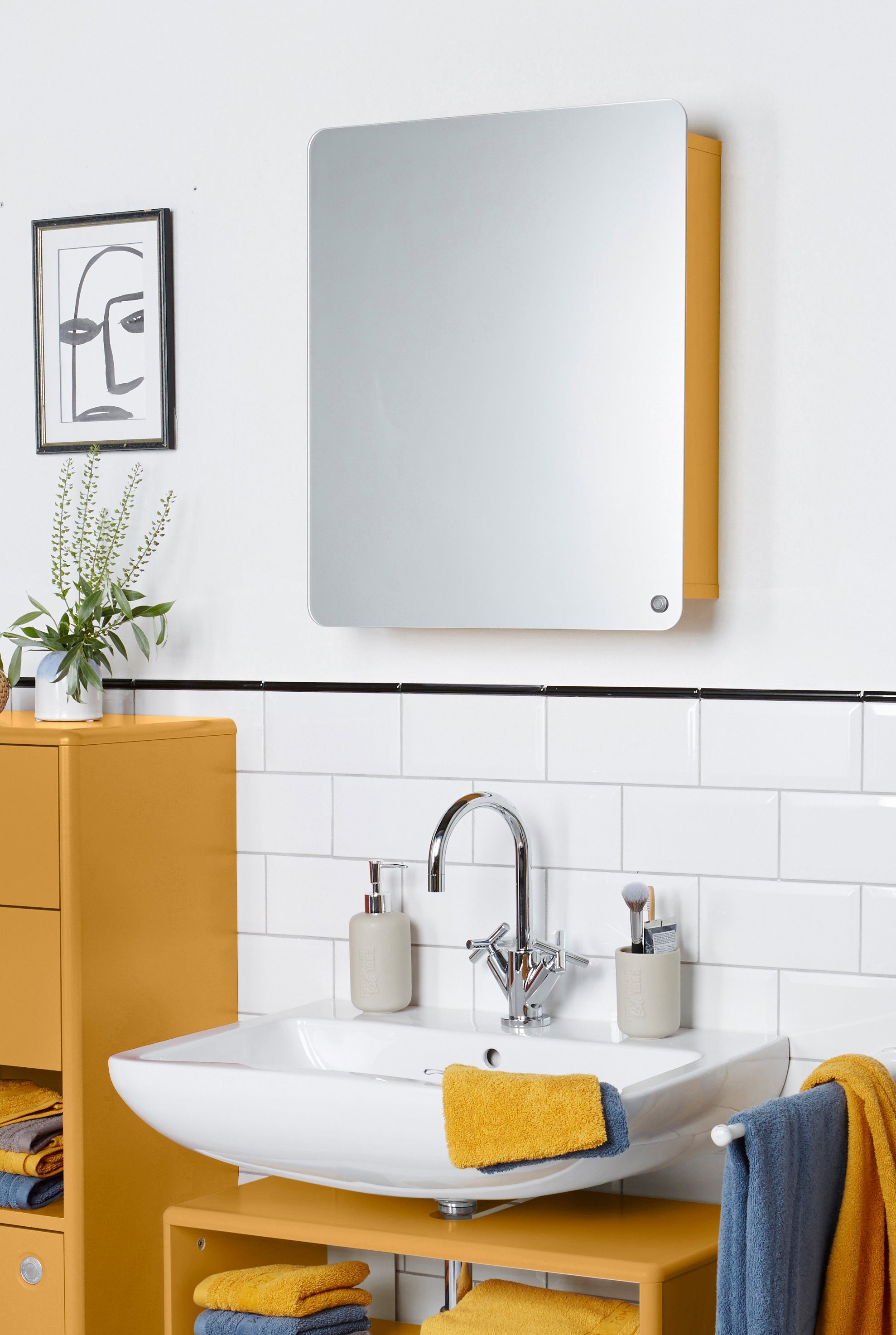 Farben, mit Tür - - aus in Mirror Tür Ecken, mit HOME seidenmatt lackiert mustard029 Small COLOR gerundeten Badspiegel Stauraum, vielen TAILOR TOM MDF BATH mit