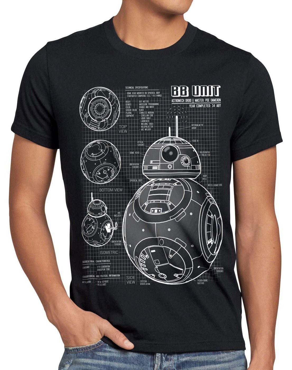astromech Herren droide style3 Print-Shirt BB blaupause Unit schwarz T-Shirt