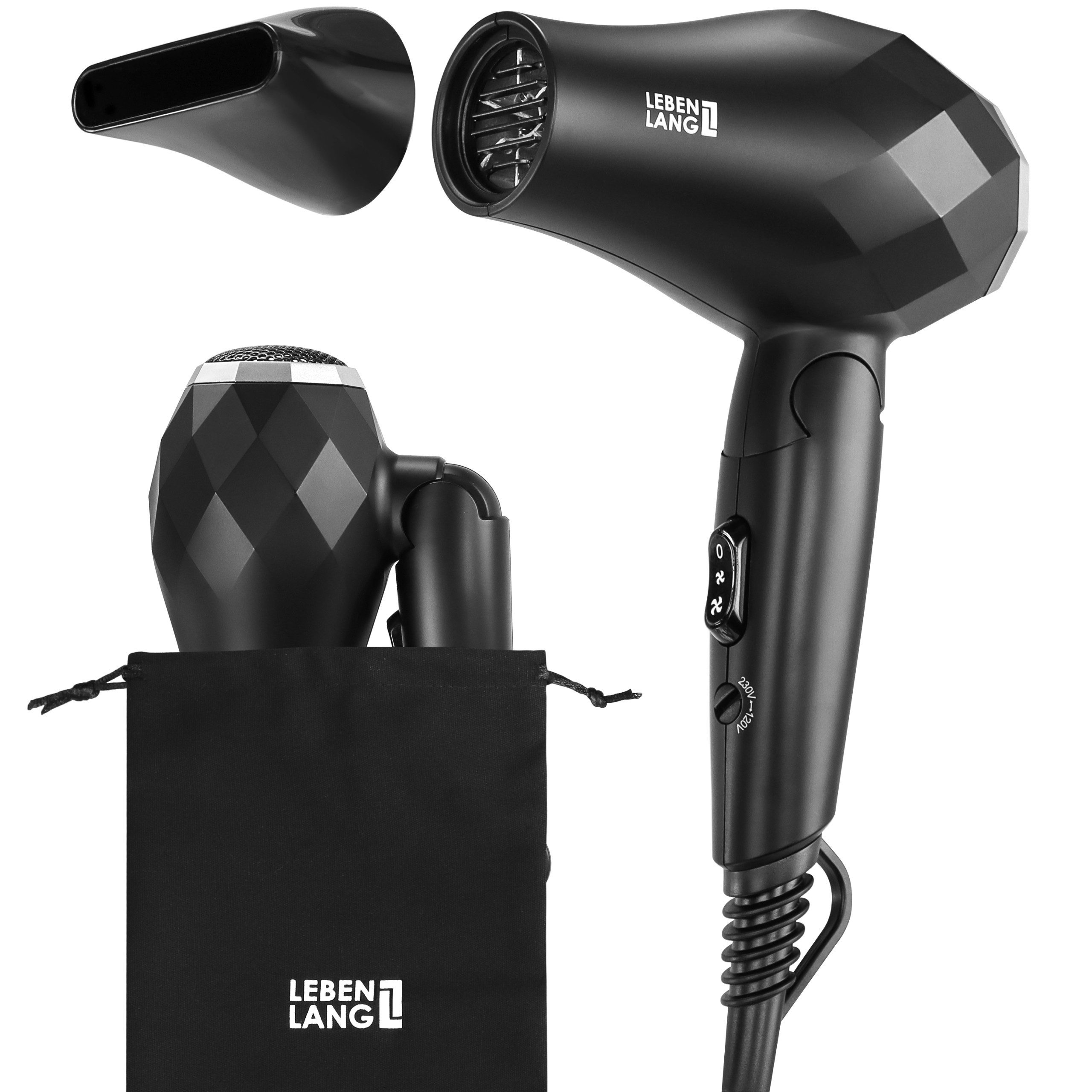 Lebenlang Reisehaartrockner klappbar klein -, 1000,00 W, Duale Spannung & Inkl. Reisetasche mit Stylingdüse, Leichtes Gewicht