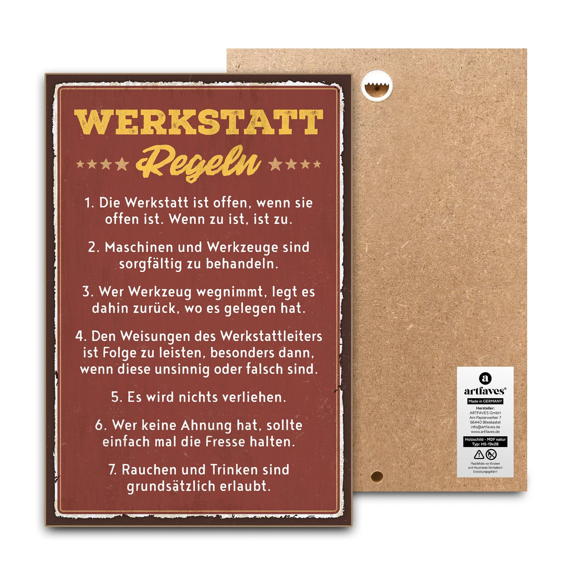 ARTFAVES Holzbild Schild mit Spruch - Werkstattregeln - Handwerker, Heimwerker, witzige