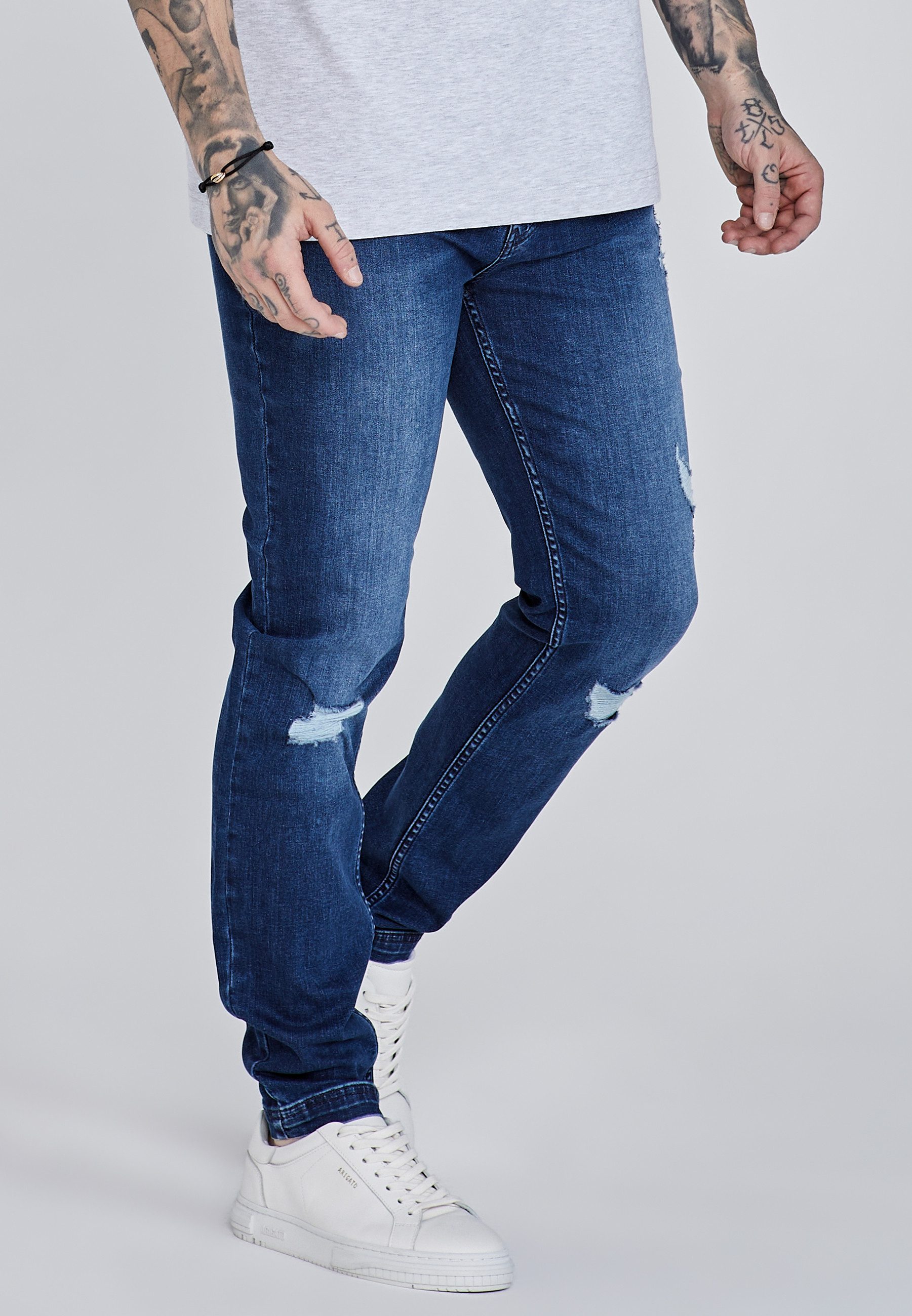 Slim-fit-Jeans SikSilk Herren Blaue Distressed Slim Fit Jeans