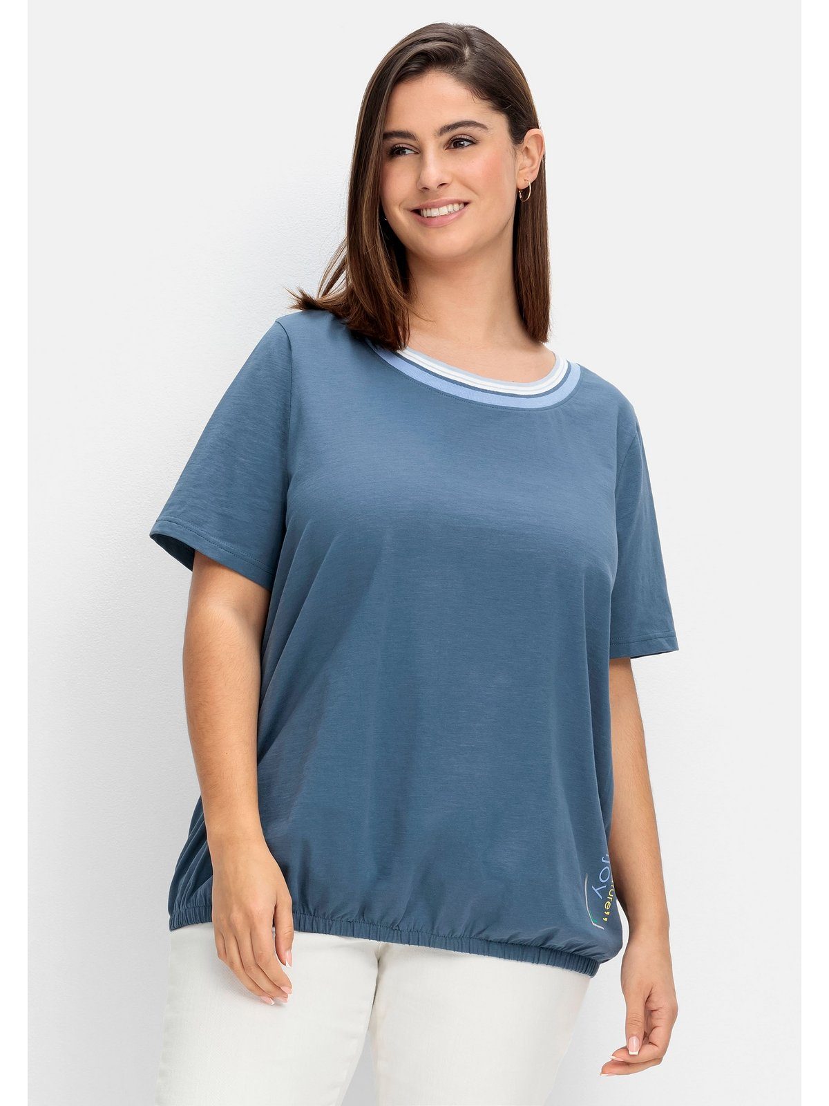 Sheego T-Shirt Große Größen mit gestreifter Rippblende und Gummizugbund indigo