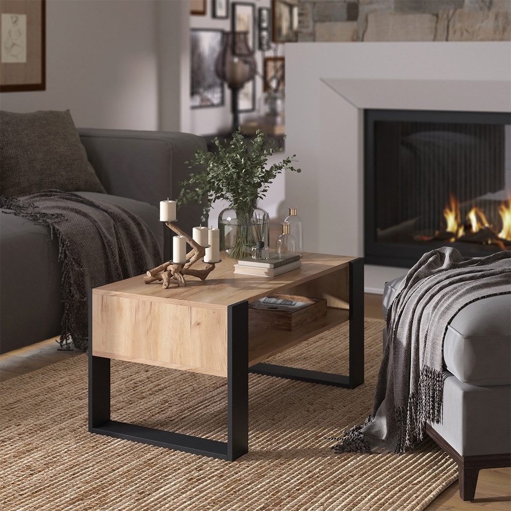 Vicco Couchtisch Olli, Goldkraft Eiche/Schwarz, 92 x 52,4 cm mit Ablage