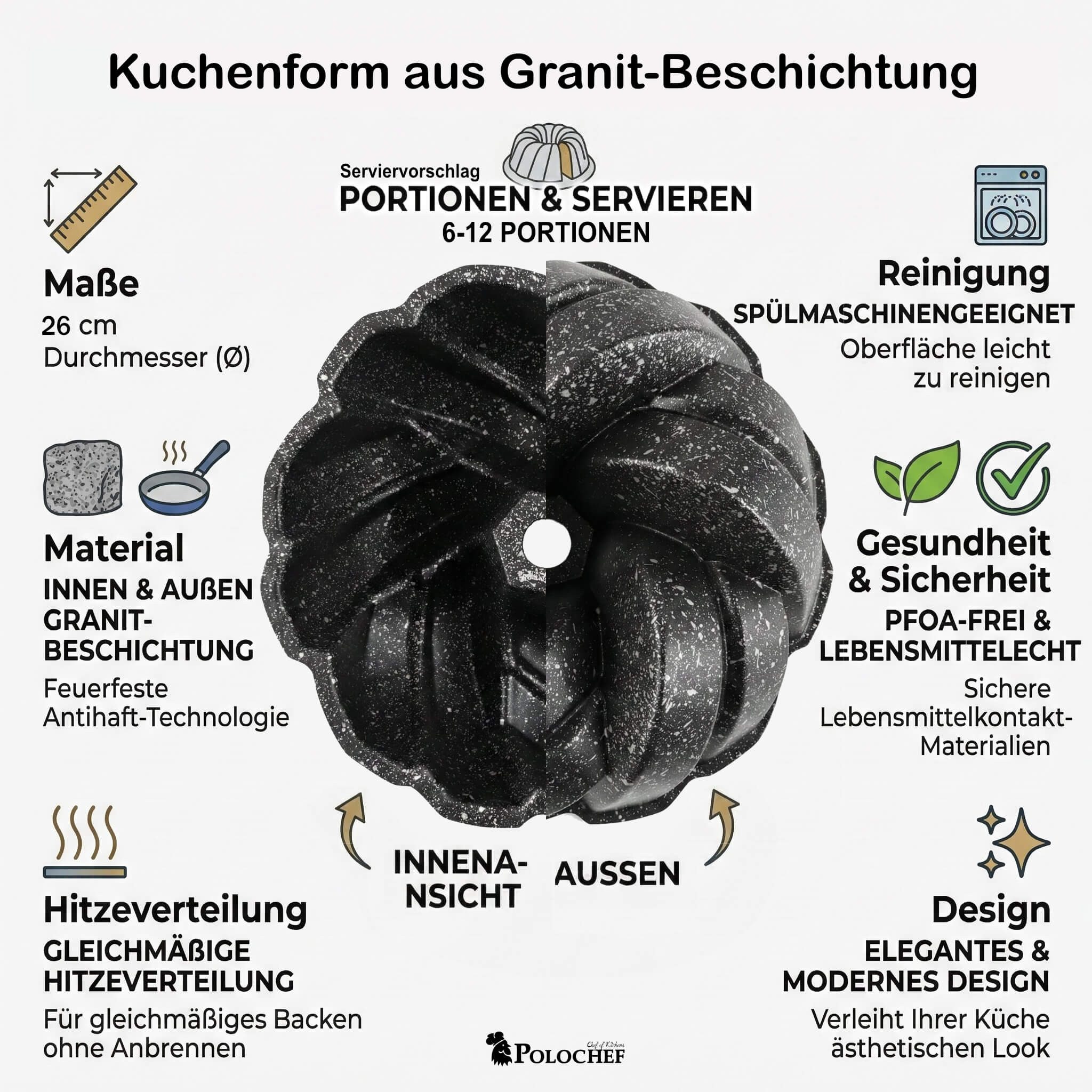 Polochef Gugelhupfform Polochef Runde Kuchenform 26 cm Granit Antihaft, backofenfest – Bild 2 von 5